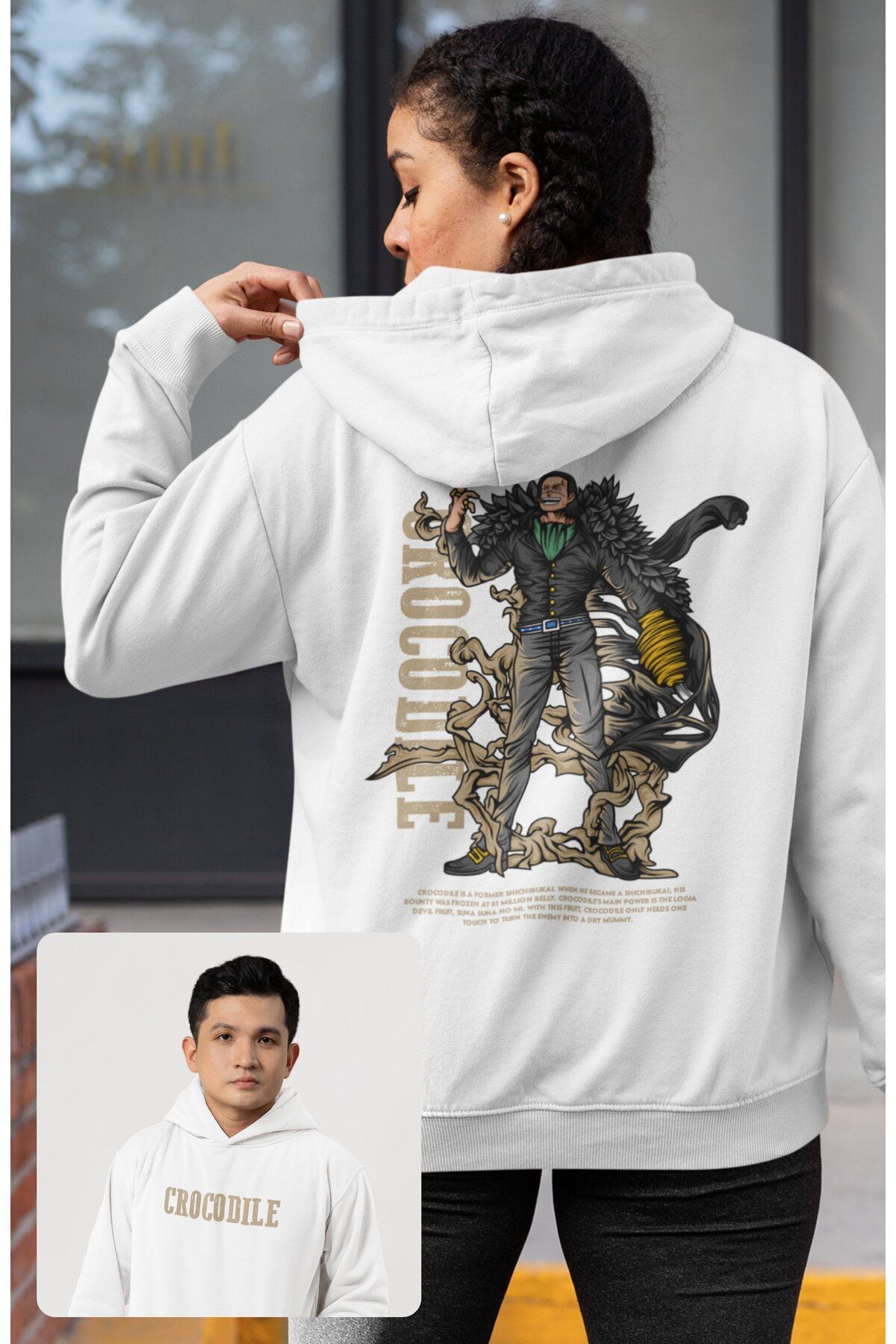 Fuddy Moda Oversize Crocodile Sırt Baskılı Kapüşonlu Sweatshirt, Unisex One Piece Temalı Anime Hoodie