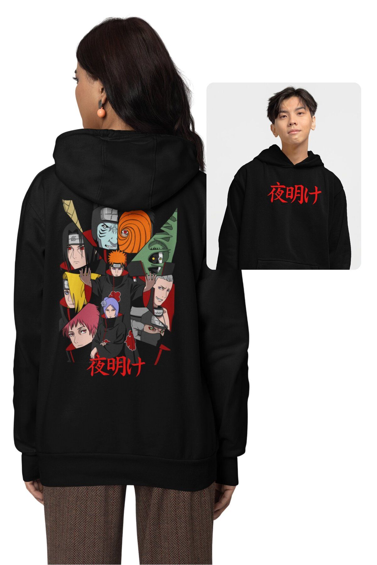 Fuddy Moda Oversize Akatsuki Üyeleri Sırt Baskılı Kapüşonlu Sweatshirt, Unisex Anime Temalı Hoodie