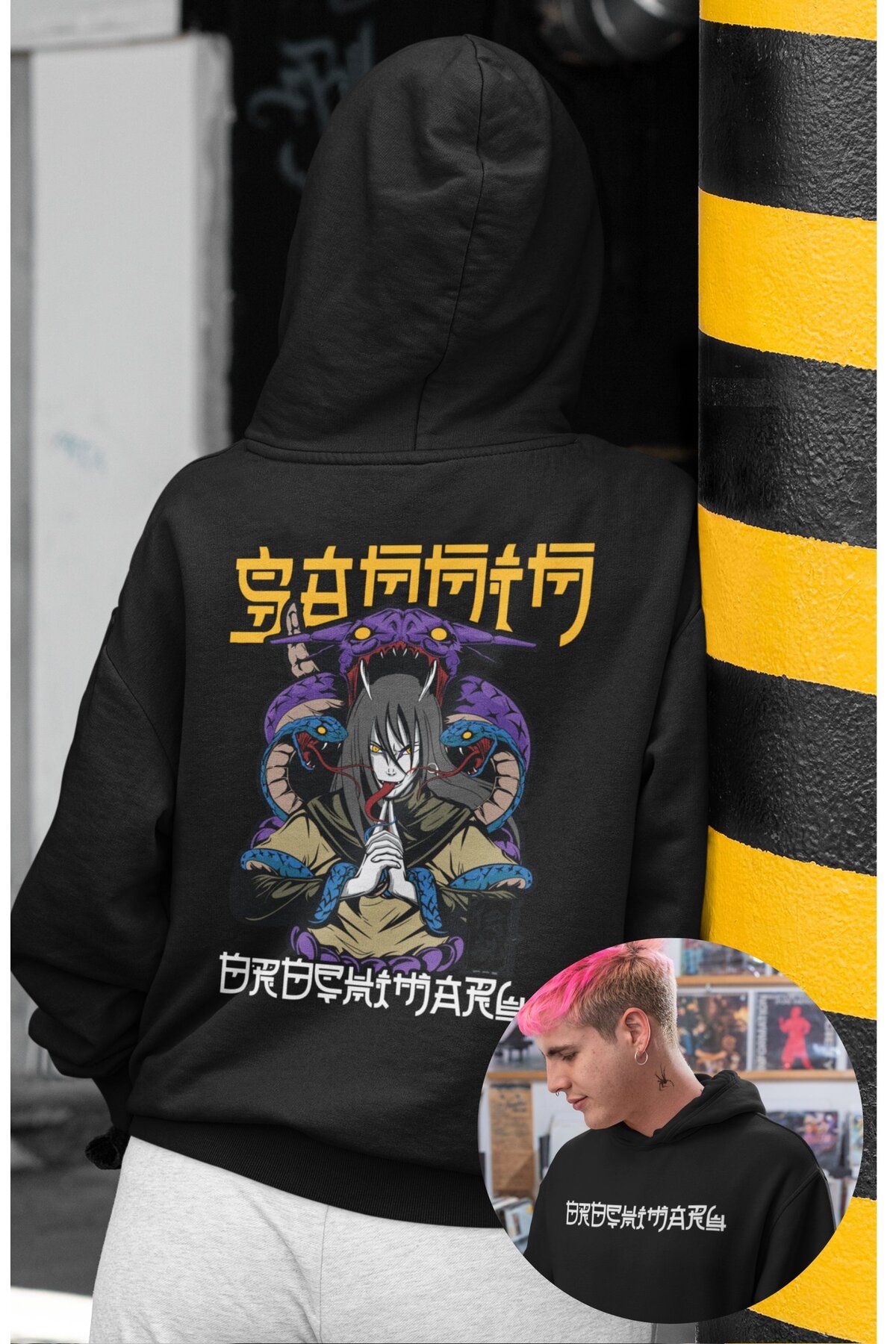 Fuddy Moda Oversize Naruto Orochimaru Sırt Baskılı Kapüşonlu Sweatshirt, Unisex Anime Temalı Hoodie