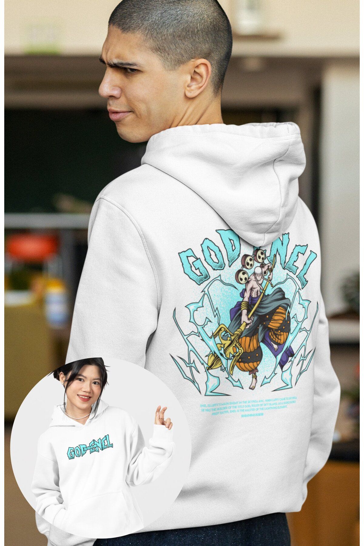 Fuddy Moda Oversize God Enel Sırt Baskılı Kapüşonlu Sweatshirt, Unisex One Piece Temalı Anime Hoodie