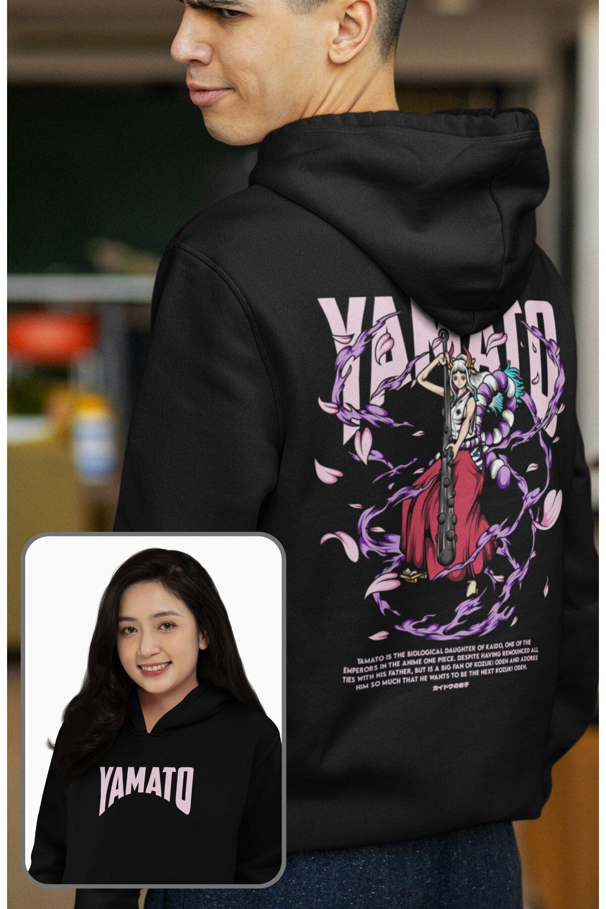 Fuddy Moda Oversize Yamato Sırt Baskılı Kapüşonlu Sweatshirt, Unisex One Piece Temalı Anime Hoodie