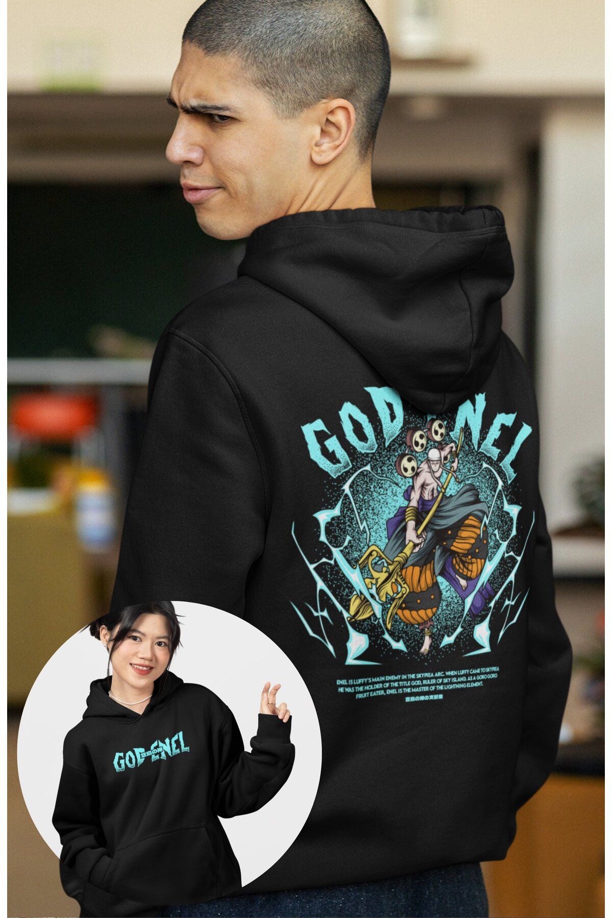 Fuddy Moda Oversize God Enel Sırt Baskılı Kapüşonlu Sweatshirt, Unisex One Piece Temalı Anime Hoodie