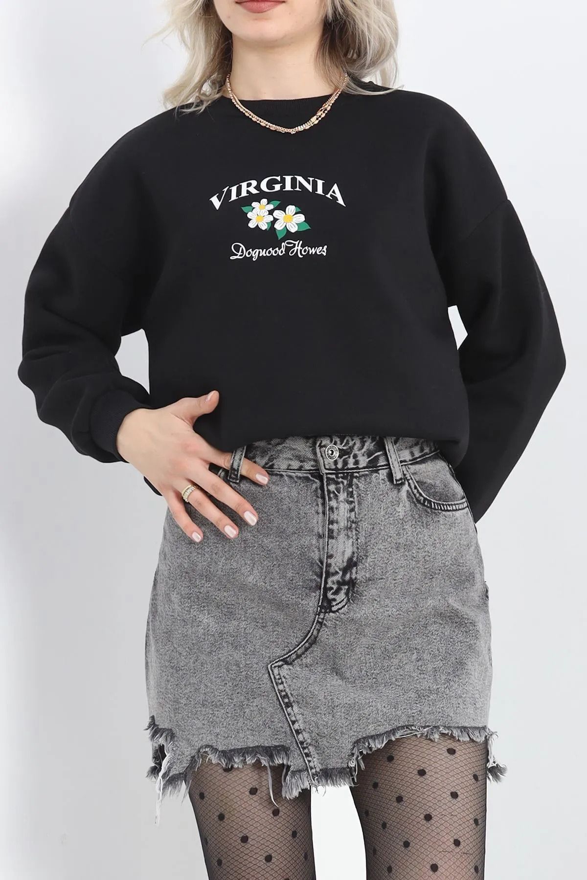 Wish BF Bisiklet Yaka Baskılı Sweatshirt Siyah