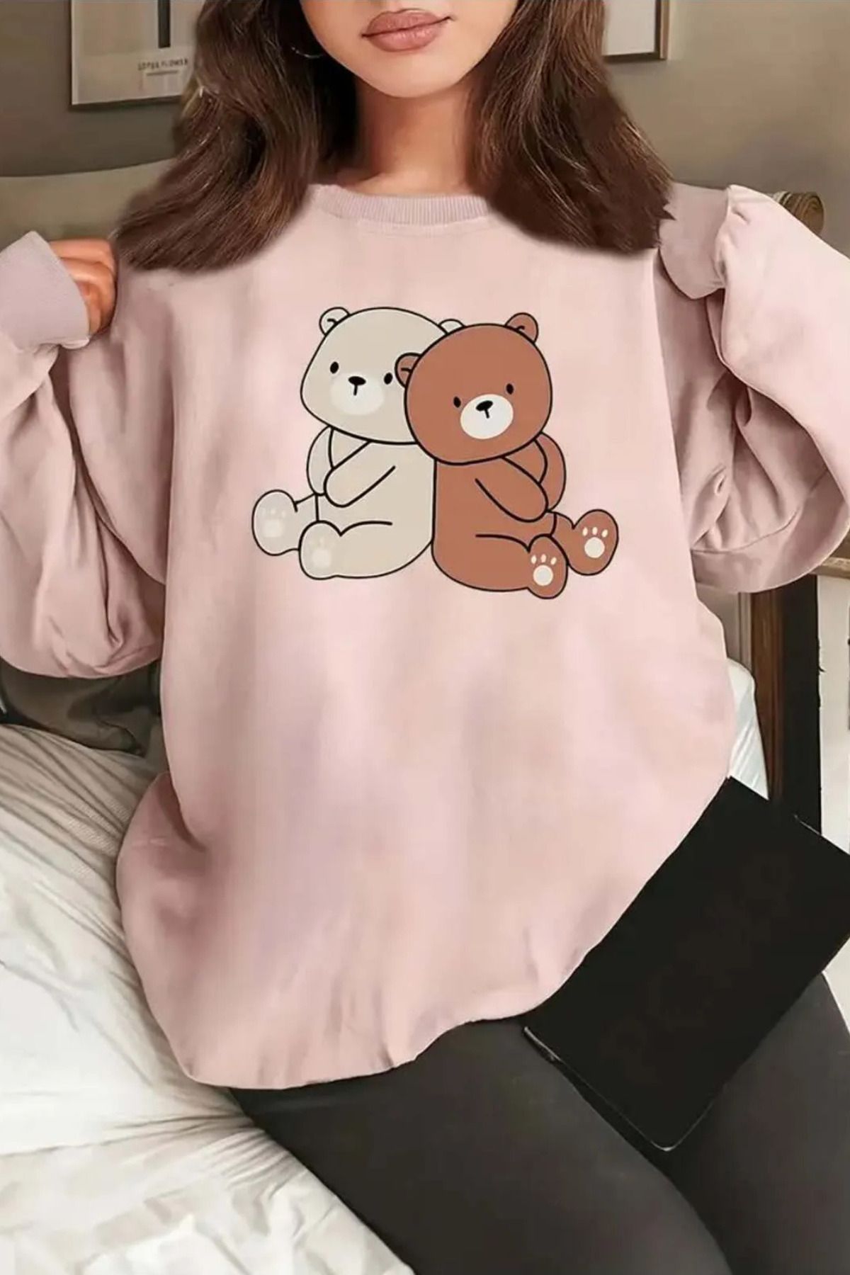 FECCY Pamuklu Kadın için Rahat Bisiklet Yaka Çift Ayı Baskılı Sweatshirt SonbaharKış Sezonu  Rahat Stil