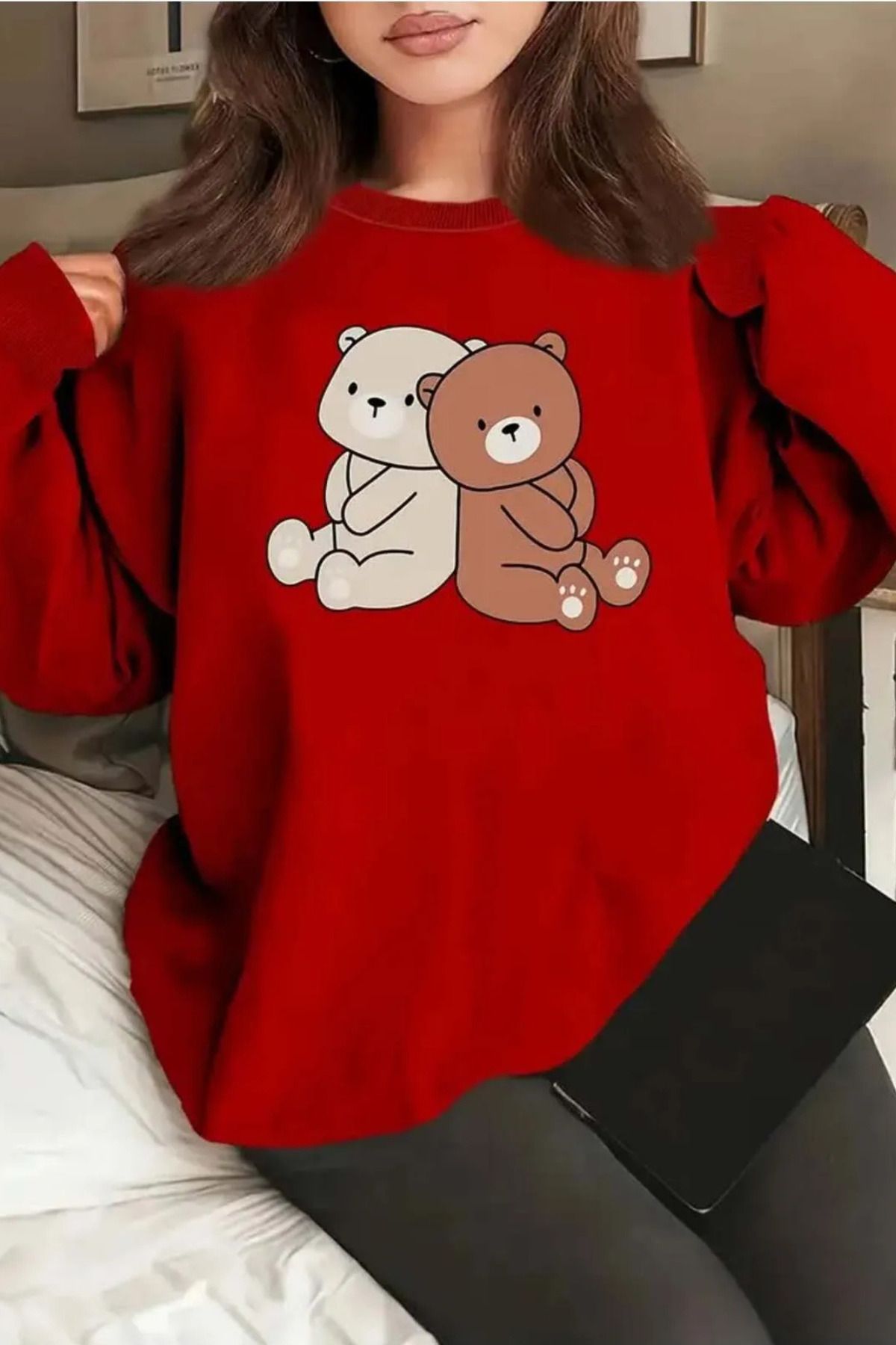 FECCY Pamuklu Kadın için Rahat Bisiklet Yaka Çift Ayı Baskılı Sweatshirt SonbaharKış Sezonu  Rahat Stil