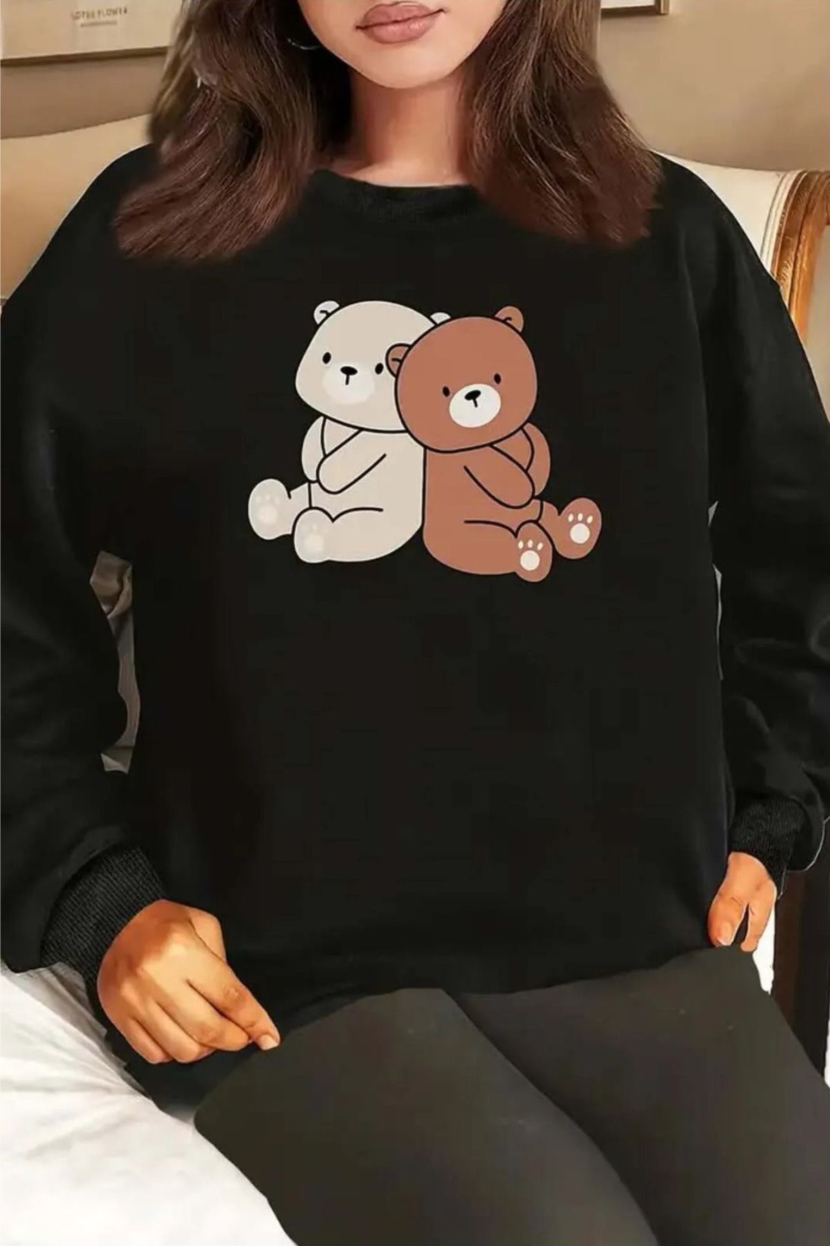 FECCY Pamuklu Kadın için Rahat Bisiklet Yaka Çift Ayı Baskılı Sweatshirt SonbaharKış Sezonu  Rahat Stil