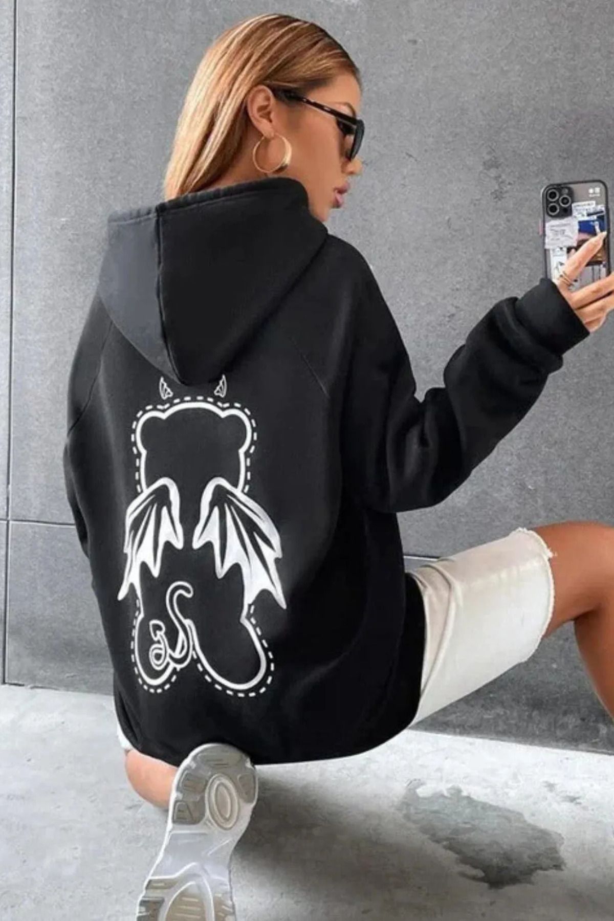 FECCY Pamuklu Kadın Siyah Angel Bear Baskılı Oversize Kapüşonlu Sweatshirt