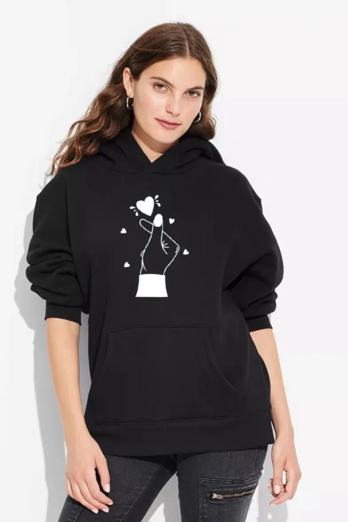 Wish BF el kalp Baskılı Oversize Kapüşonlu Siyah kadın Sweatshirt