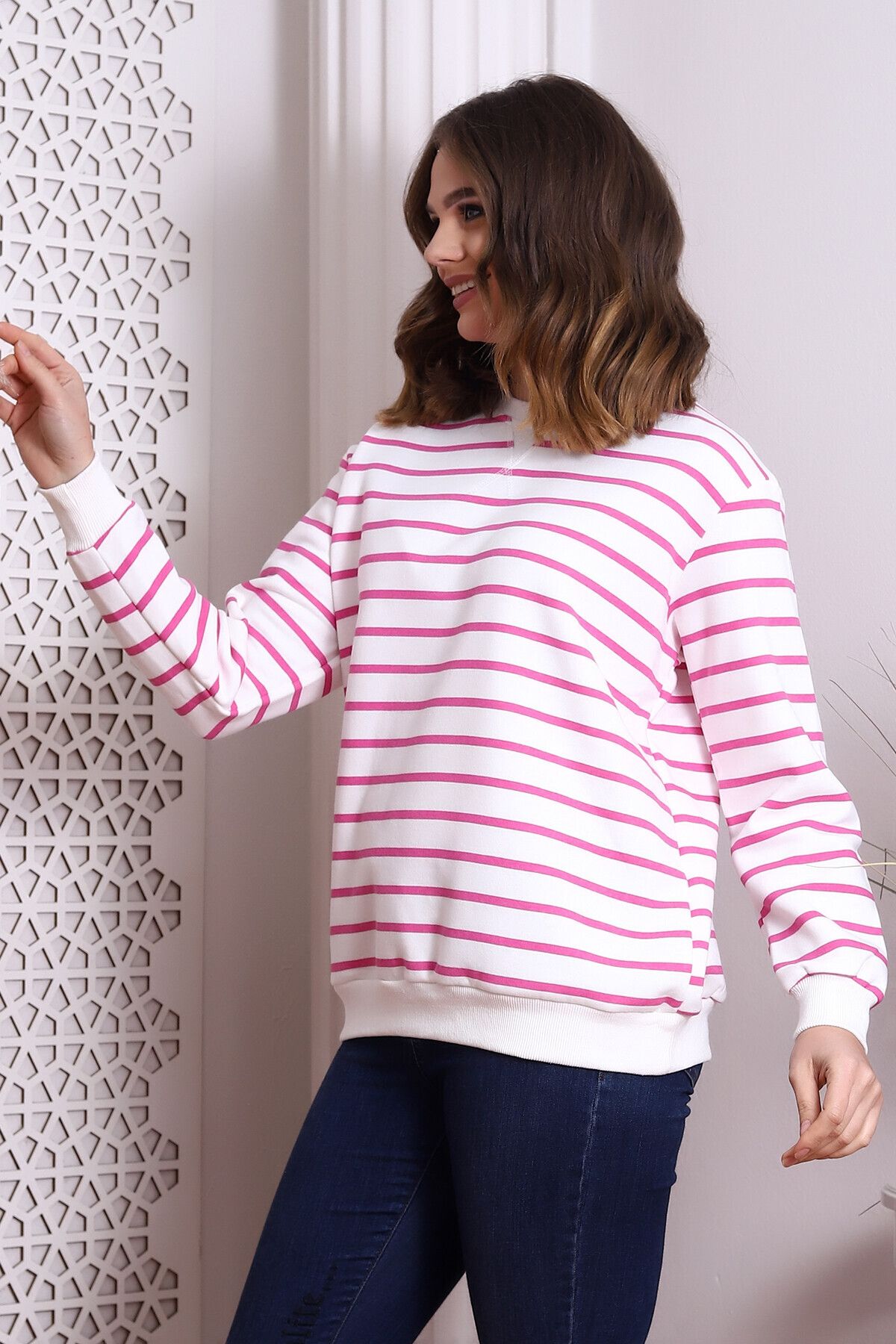 Cotton Mood-22434188 Three Thread Striped Sweatshirt Ecru Pink 6