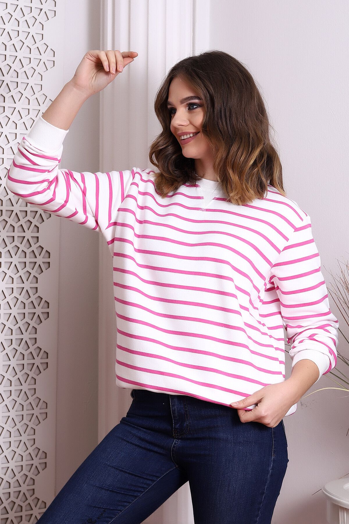 Cotton Mood-22434188 Three Thread Striped Sweatshirt Ecru Pink 3