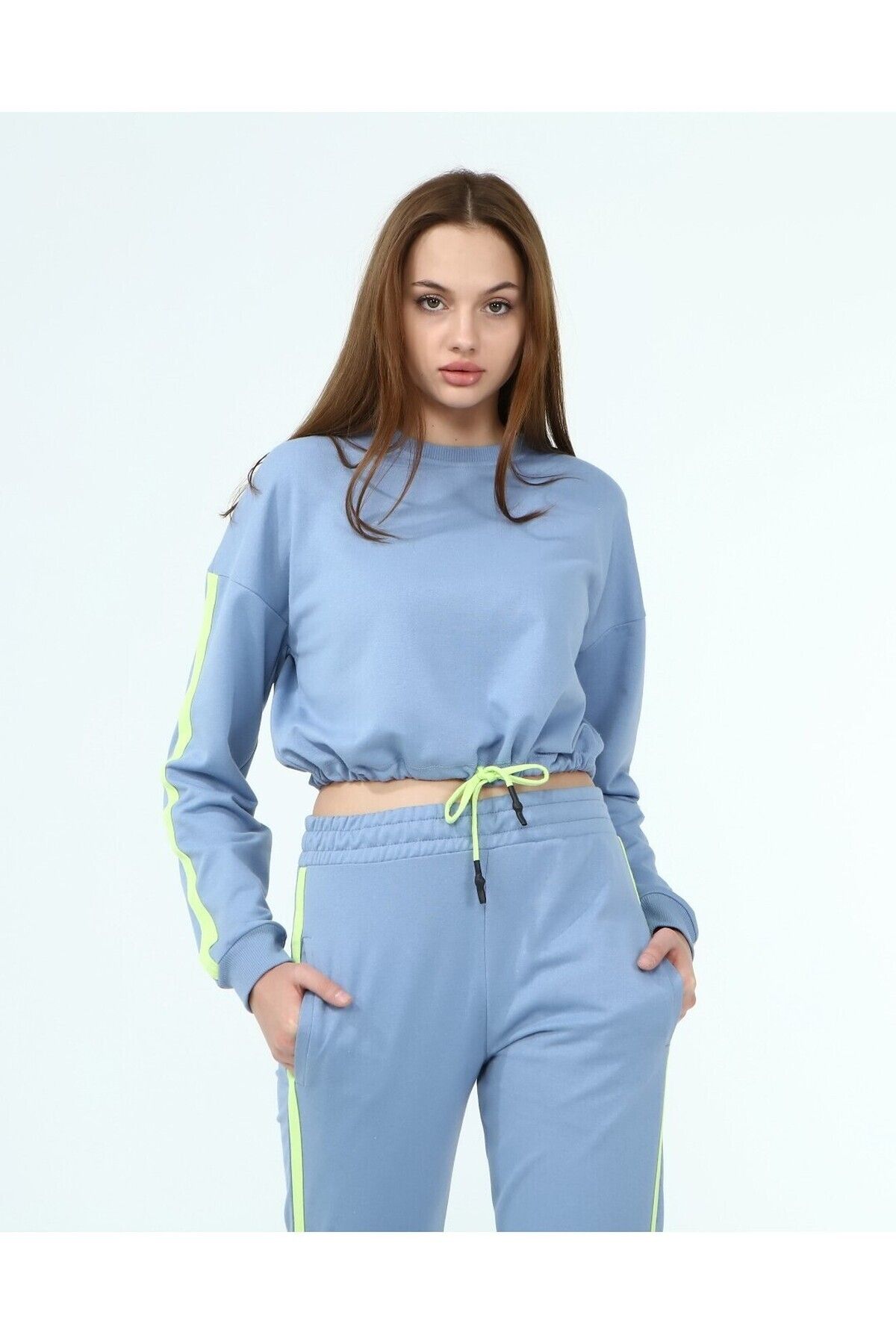 Cotton Mood-22033931 Pantaloni cu buzunare pentru transpirație, în dungi laterale, cu două fire Taikm dublu, albastru 4