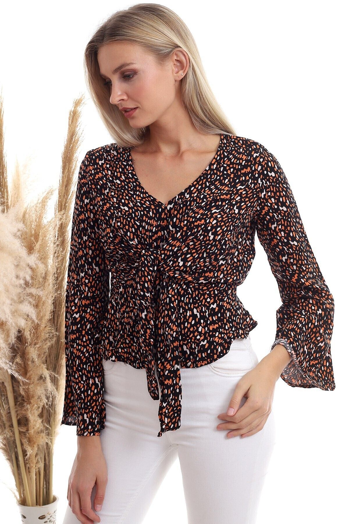 Cotton Mood-20333372 نمط الفيسكوز - بلوزة برتقالية سوداء مع ربطة عنق منتفخة 3