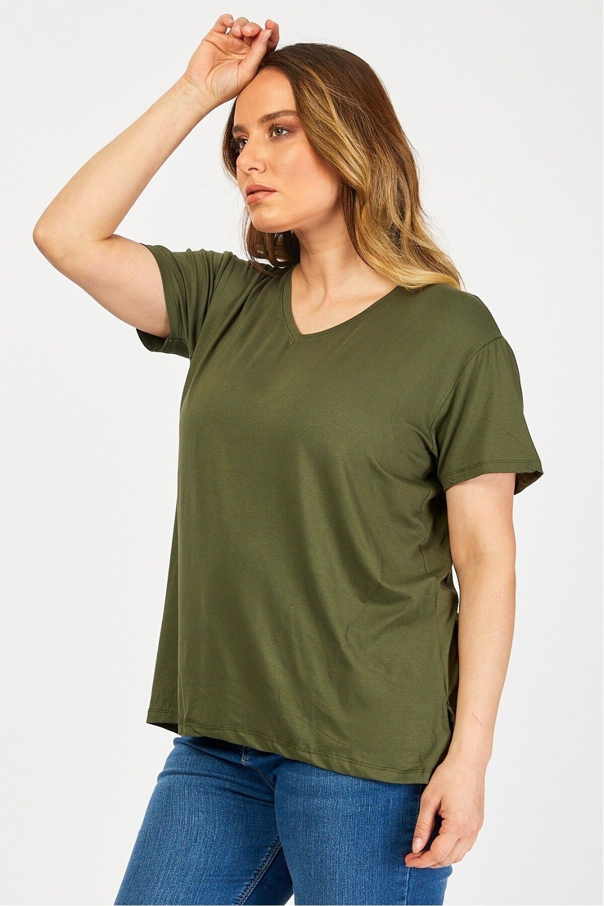 Cotton Mood-B21399902 Plus Size Viscose V-Neck Short Sleeve Blouse Khaki 1