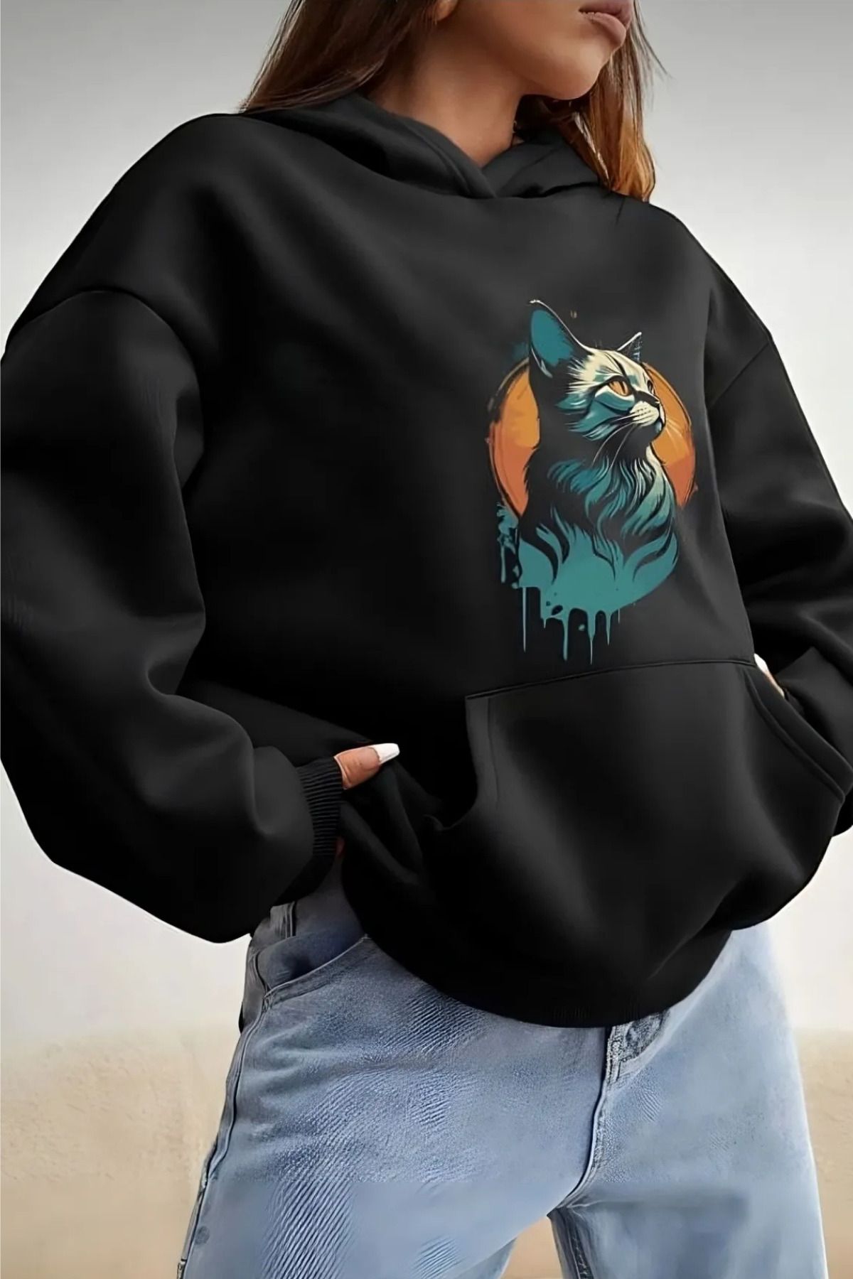 FECCY Pamuklu Kedi Baskılı Oversize Kapüşonlu Sweatshirt