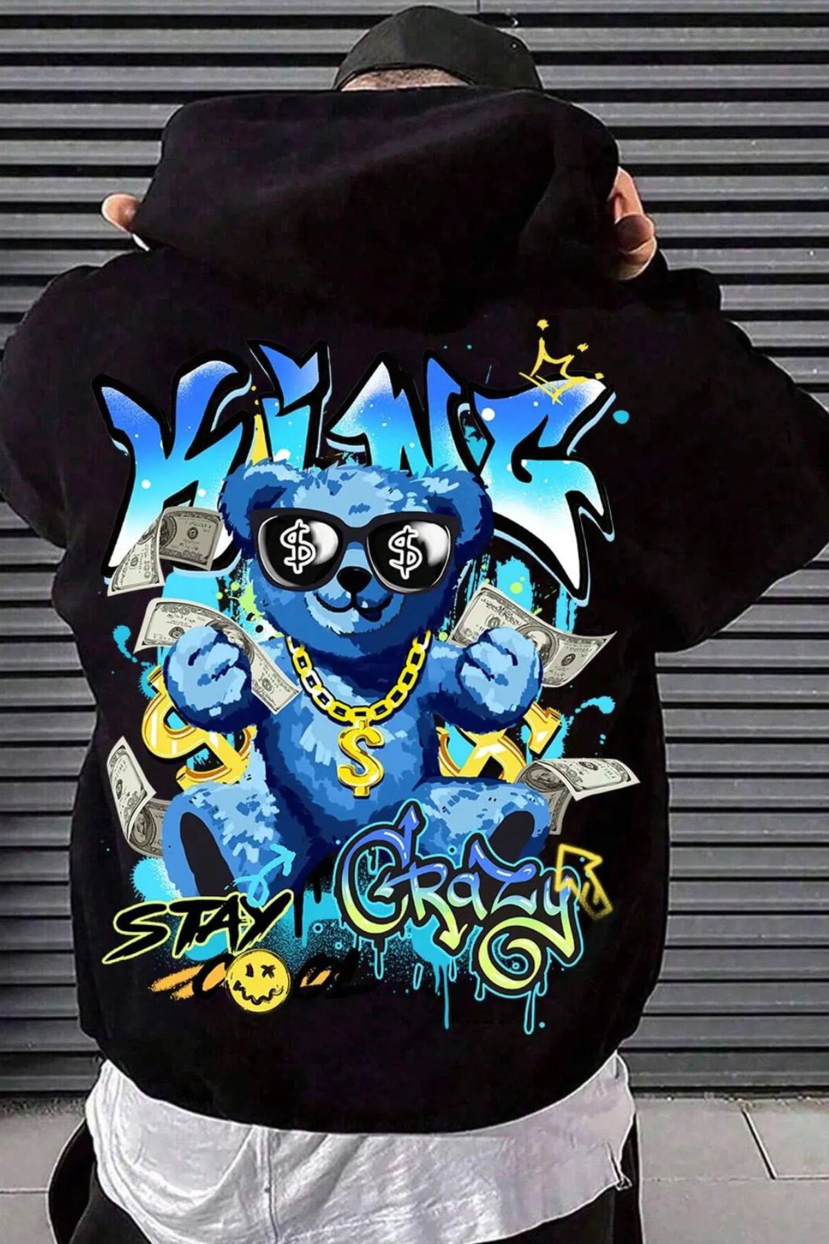 FECCY Pamuklu king mavi ayıcık ön arka baskılı siyah oversize kapşonlu sweatshirt hoodie