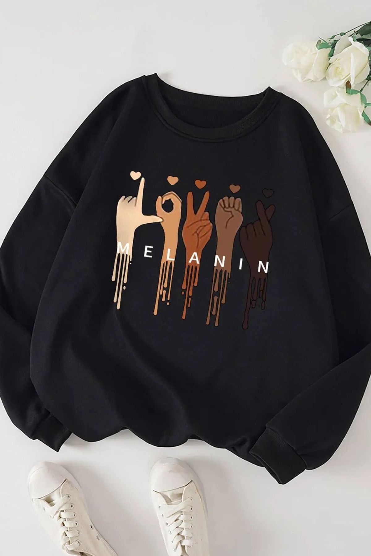 FECCY Pamuklu Melanin Bayrağı Kartallı Baskılı Bisiklet Yaka Sweatshirt