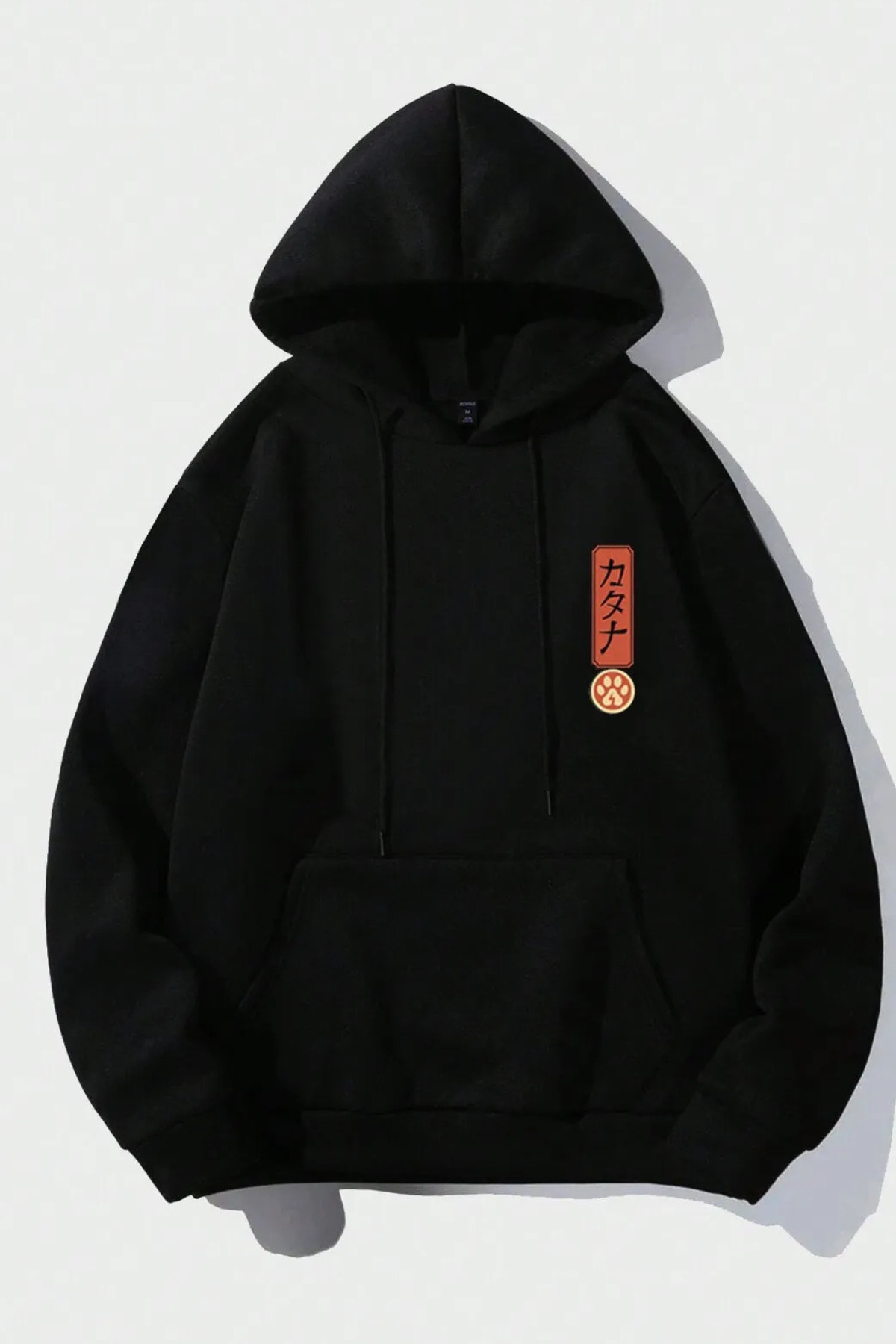 Wish BF japon samuray kedi ön arka baskılı siyah oversize kapşonlu sweatshirt hoodie görsel 2