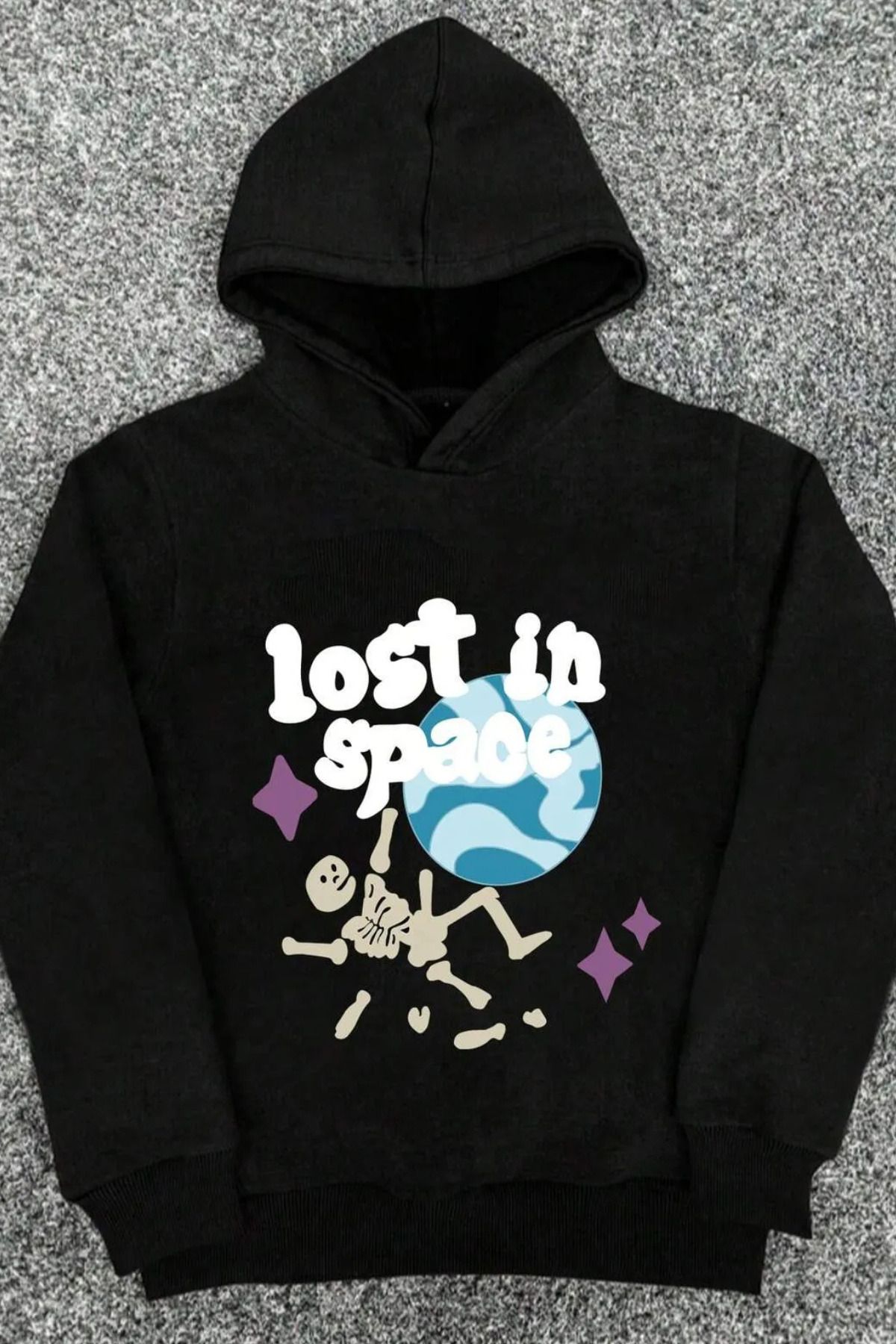 FECCY Pamuklu lost in space ön baskılı siyah oversize kapşonlu sweatshirt hoodie