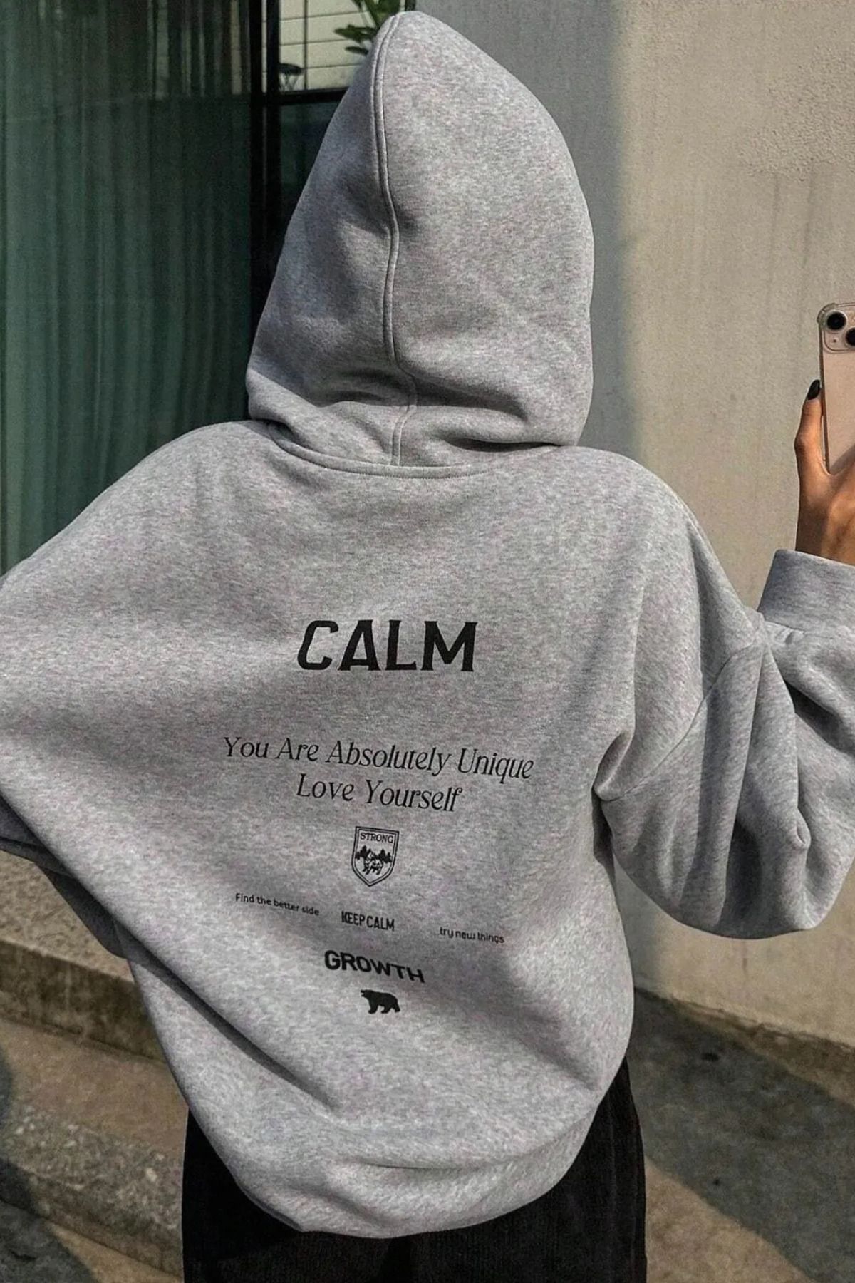 Wish BF Kadın Gri Calm Growth Baskılı Kapüşonlu Hoodie Sweatshirt