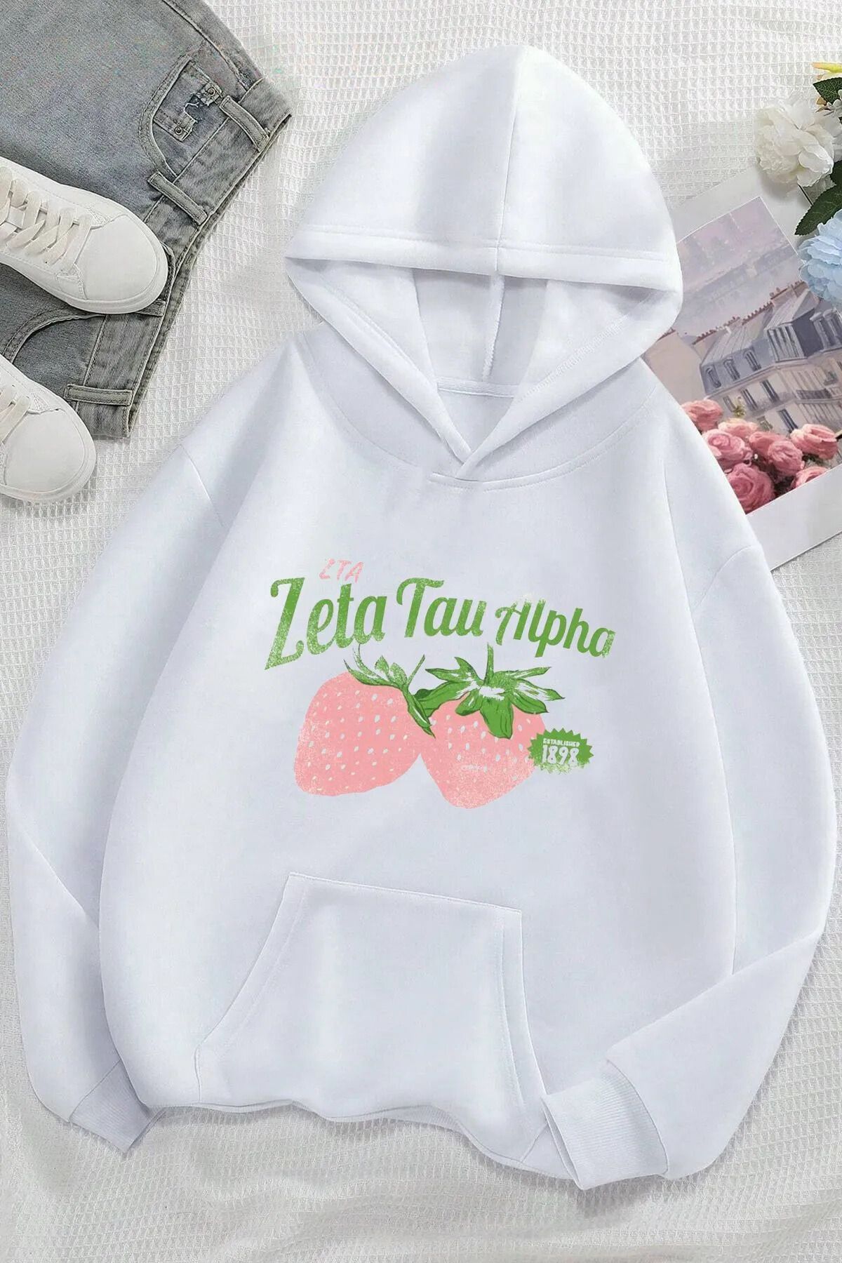 FECCY Pamuklu çilek ön baskılı oversize kapşonlu sweatshirt