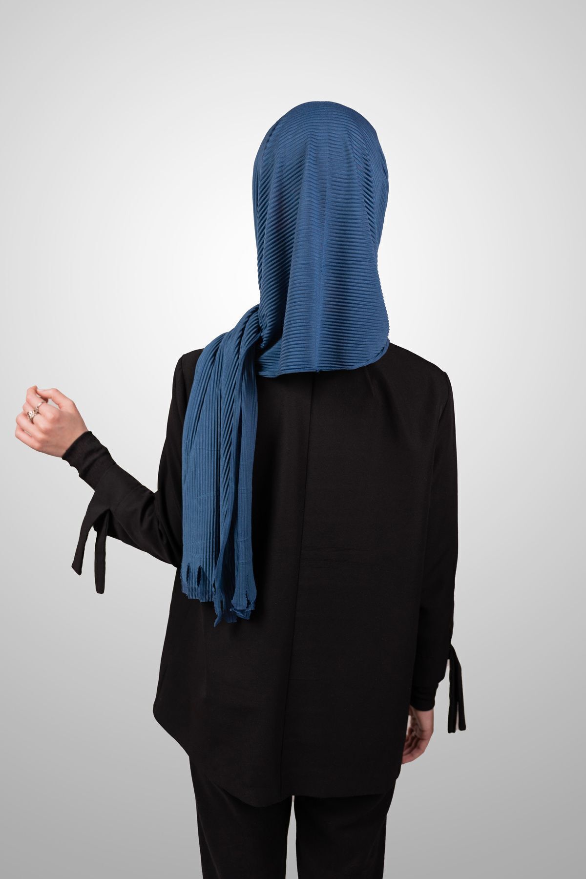 Şalcenneti.com-Organic Denim Color Sponge Practical Pleated Shawl - Ready Plug-In Model 6