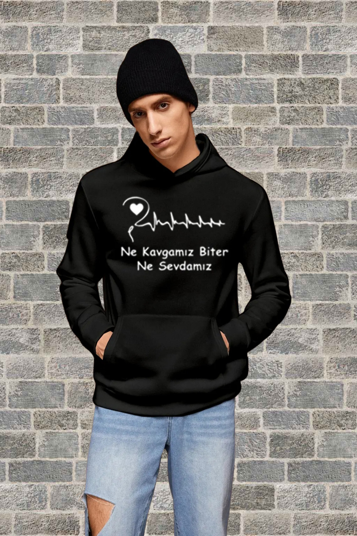 Wish BF Sevgili Çift Kombin - Siyah Baskılı Oversize Bisiklet Yaka Sweatshirt görsel 3
