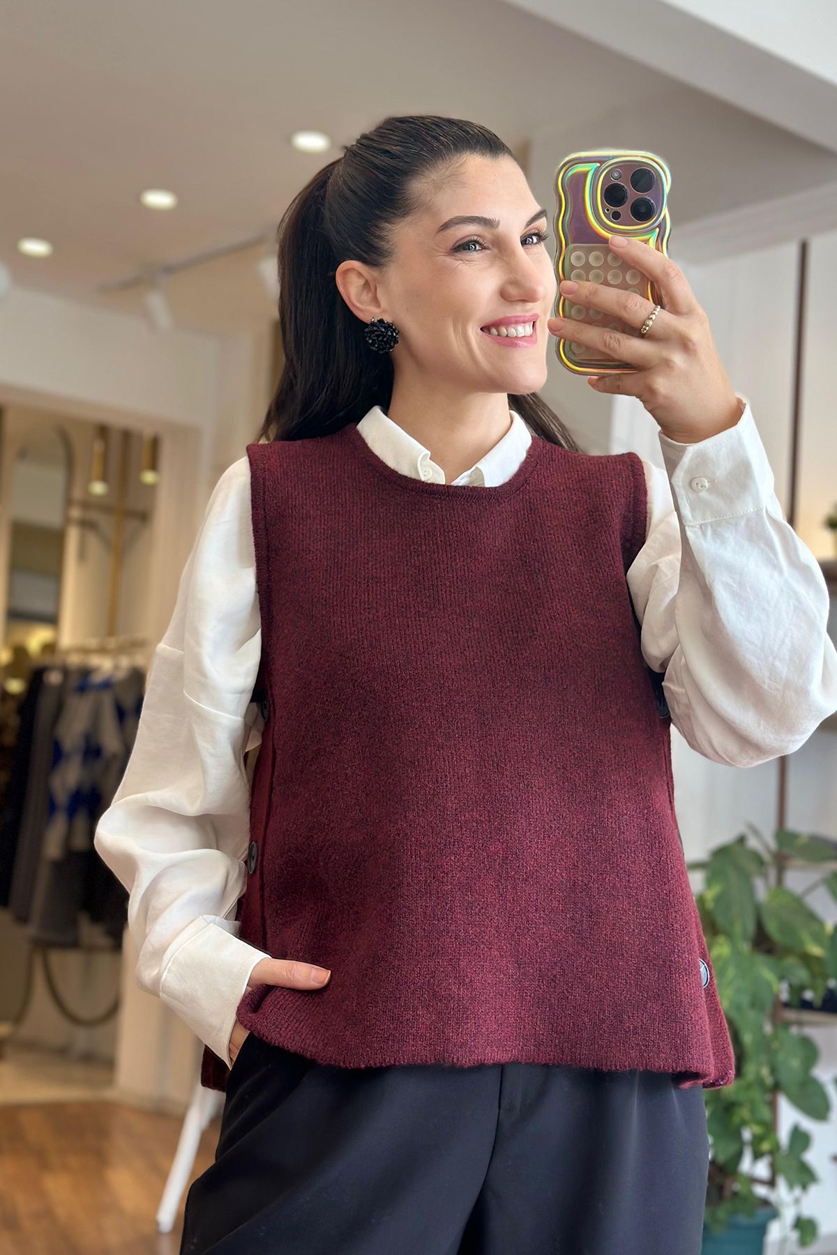 Unique Boutique ZR Bordo Yanları Düğme Detaylı Süveter