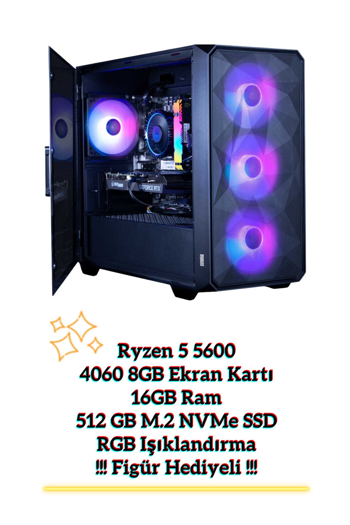 The Pieta TPR5RTX32 RGB Gaming Pc | Ryzen 5 5600 | RTX 4060 | 32GB RAM | 1TB NVMe SSD + HDD | (Figür Hediyeli)