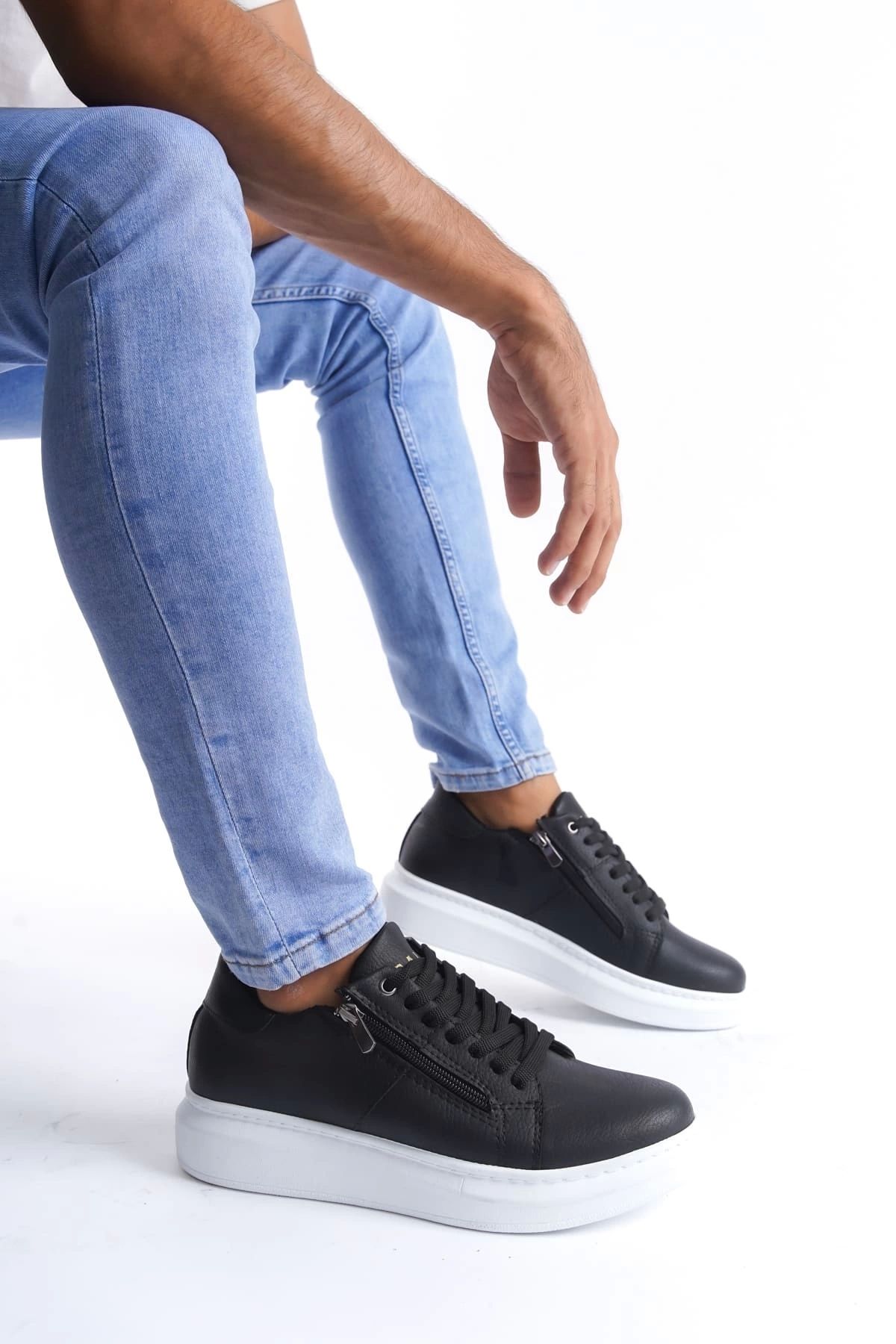 TB Terzi Bey Tb155 Warrior Bağcıklı Ve Fermuarlı Cilt Erkek Günlük Sneaker Ayakkabı Cbt - Siyah