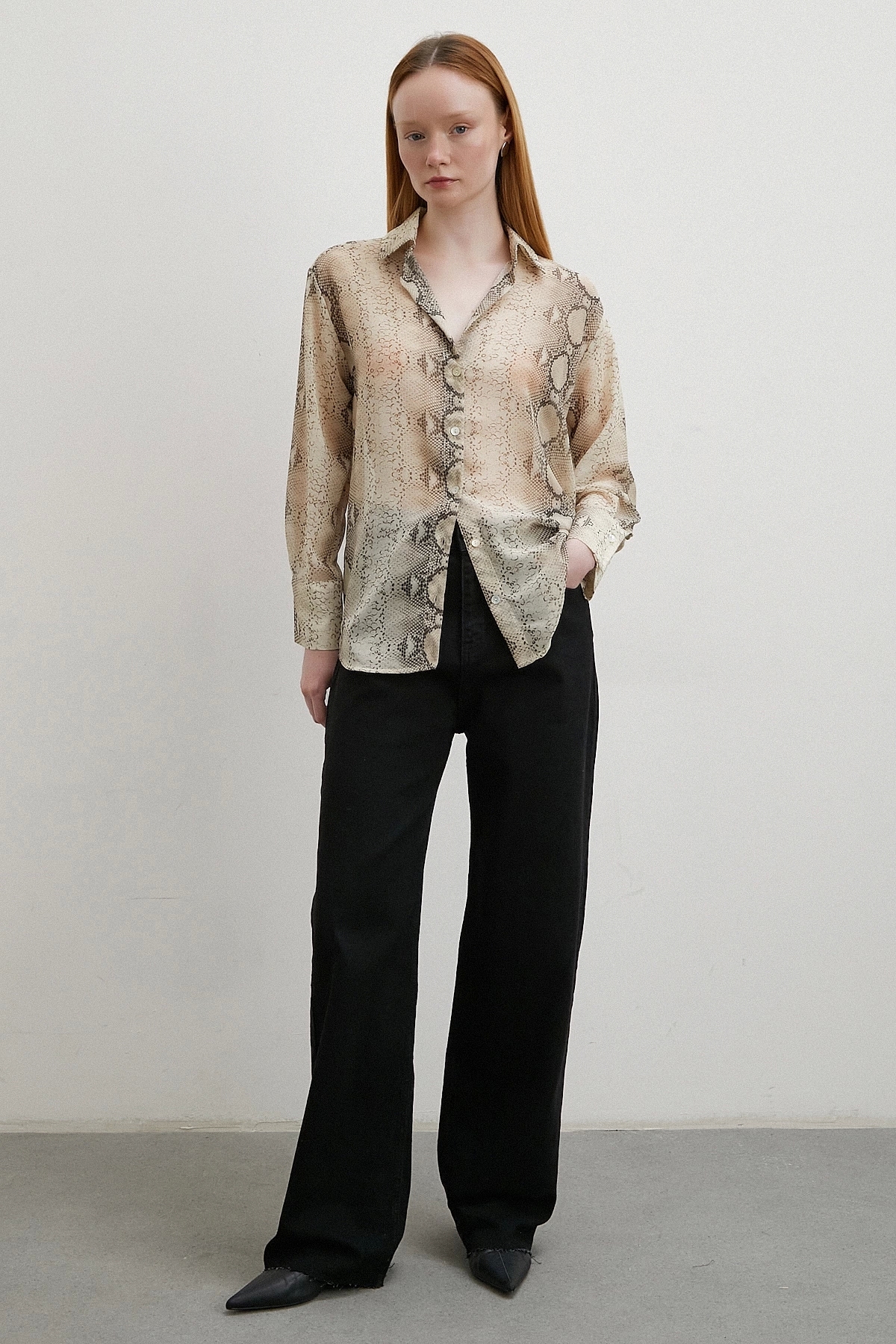 Never more Snake Skin Patterned Tulle Shirt Beige