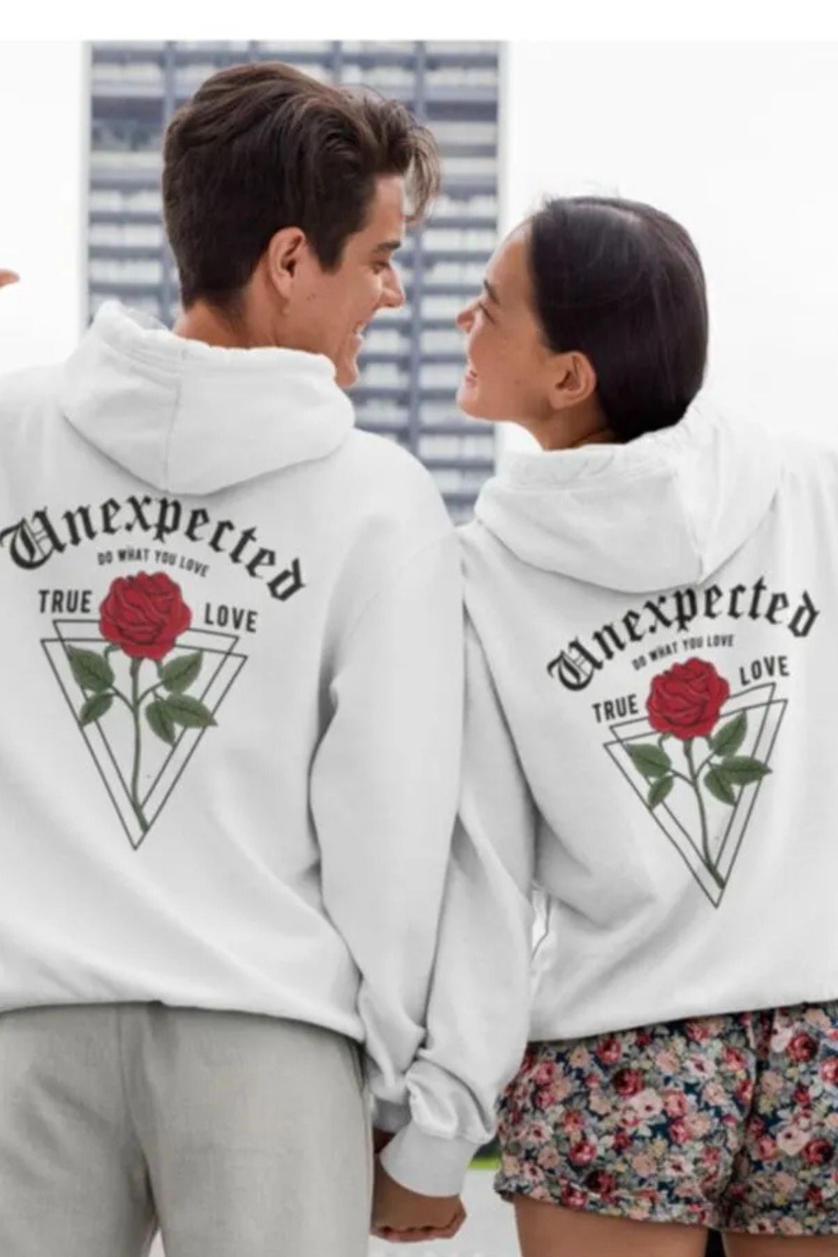 Wish BF Sevgili Çift Kombinleri Unexpected 2 Ürün Beyaz Kapüşonlu Sweatshirt