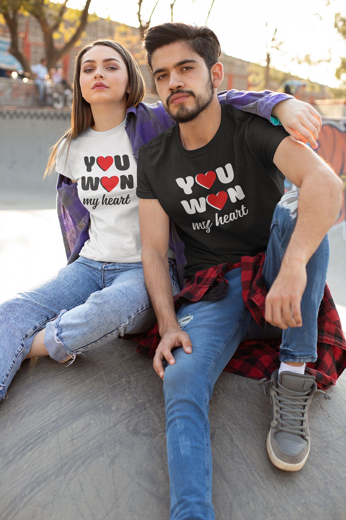 qoeuyl boutique You Won My Heart Baskılı Sevgili Çift Kombin İkili %100 Pamuk Sevgililer Günü Hediye T-Shirt