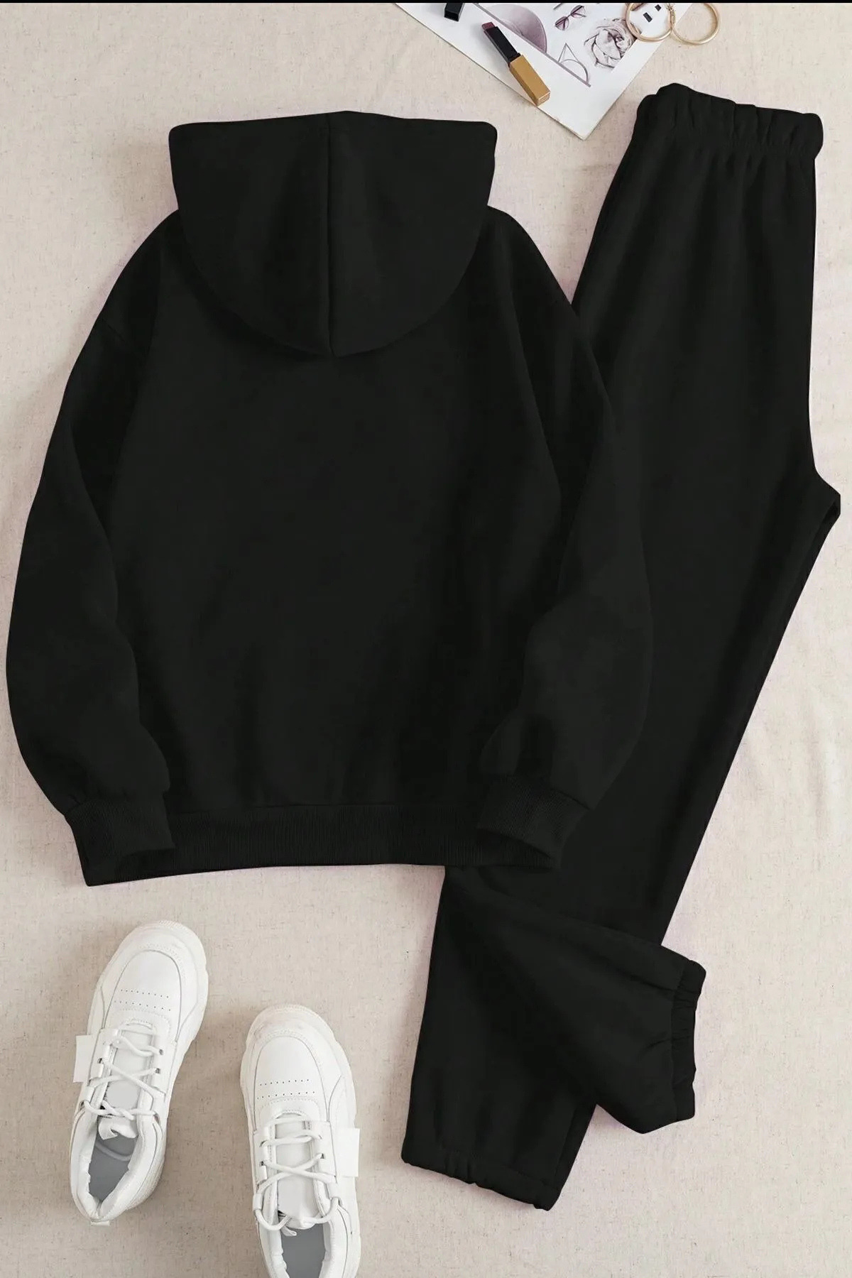 Wish BF panda baskılı kapşonlu siyah takım oversize sweatshirt görsel 2