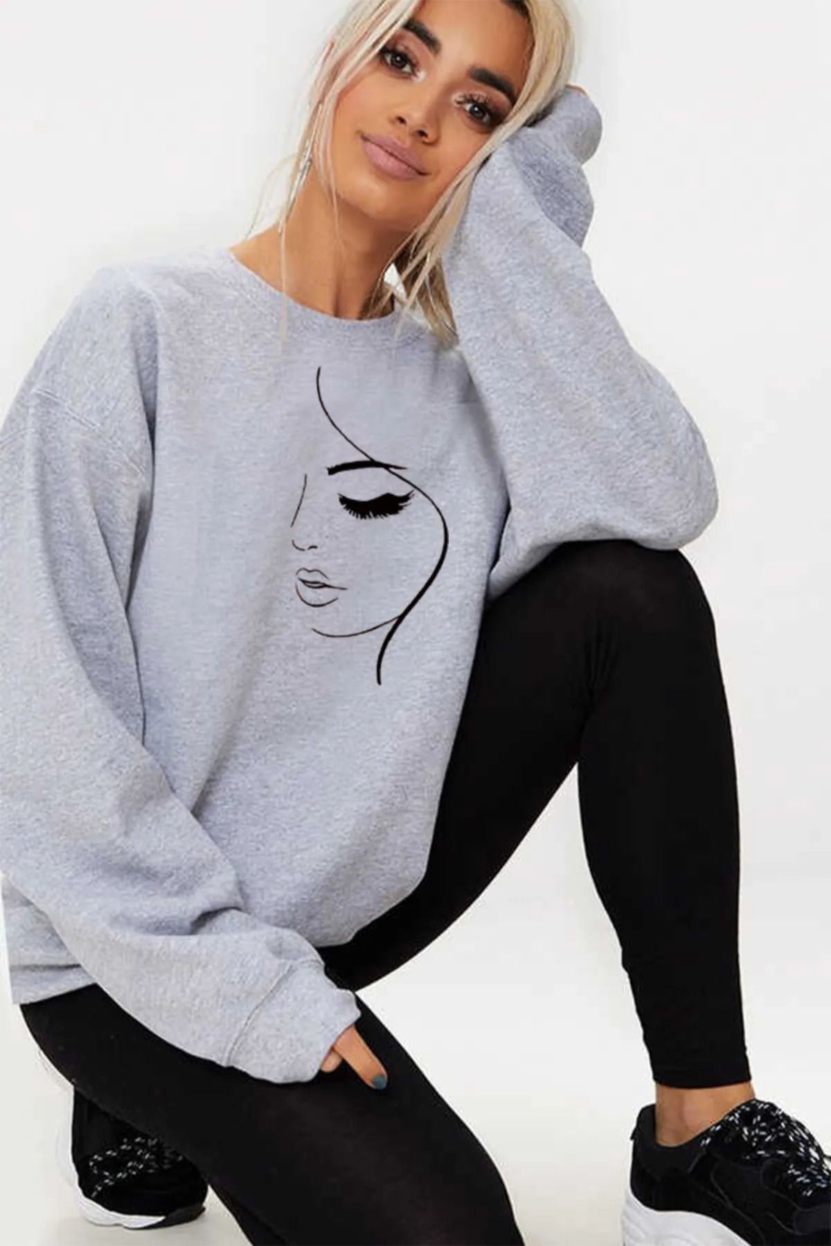 Wish BF yüz Baskılı Oversize Bisiklit Yaka Gri kadın Sweatshirt