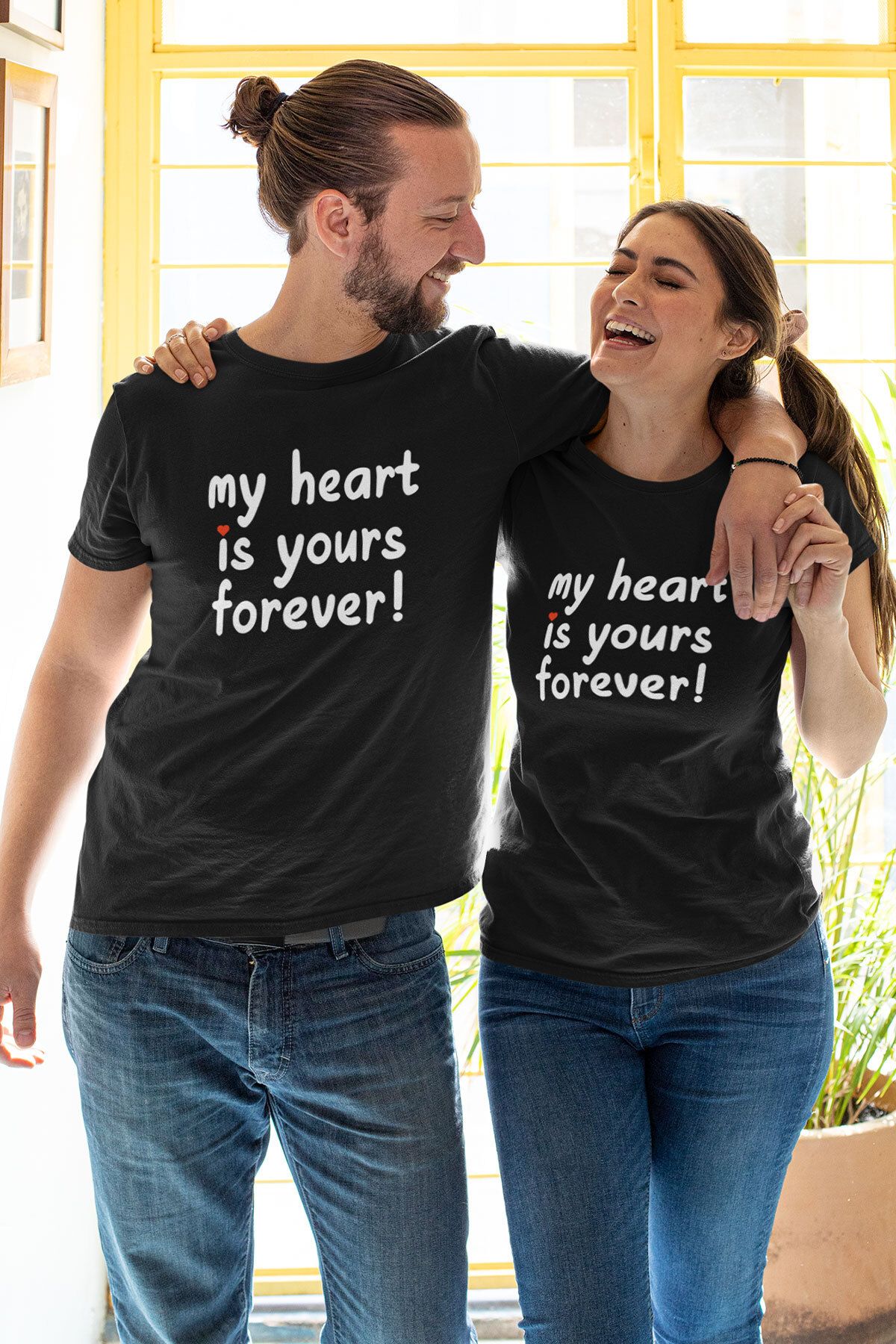 qoeuyl boutique My Heart Is Yours Baskılı Sevgili Çift Kombin İkili %100 Pamuk Sevgililer Günü Hediye T-Shirt