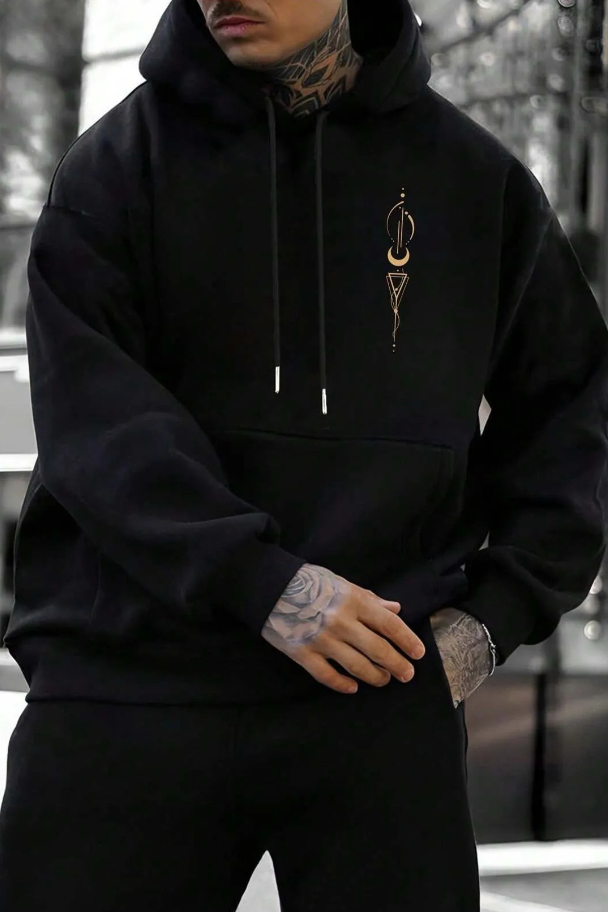 Wish BF mısır ve hilal ön arka baskılı siyah oversize kapşonlu sweatshirt hoodie görsel 2