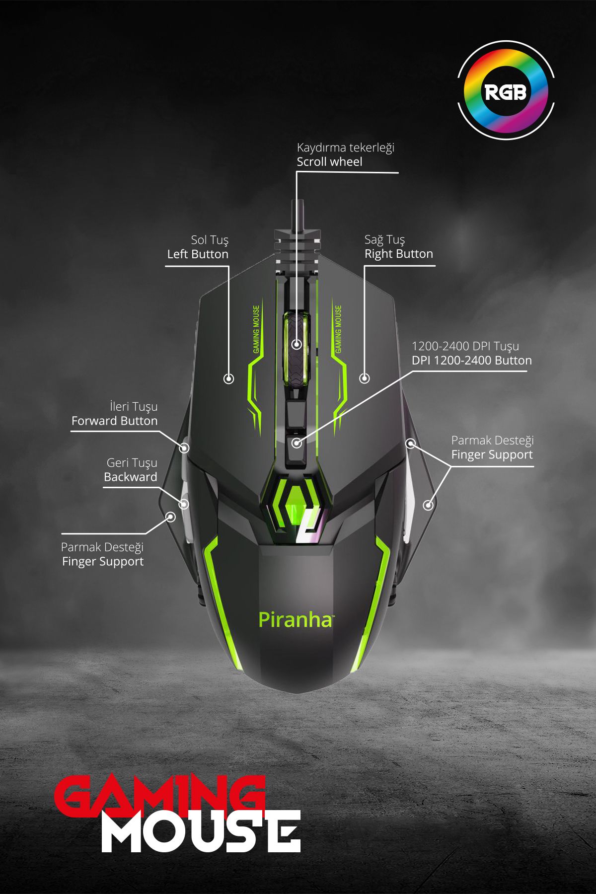 Piranha 7631 RGB Gaming Mouse (1200/1600/2400 DPI) / 7 Tuşlu Oyuncu Faresi / Makro / Mouse Denge Ağırlıkları