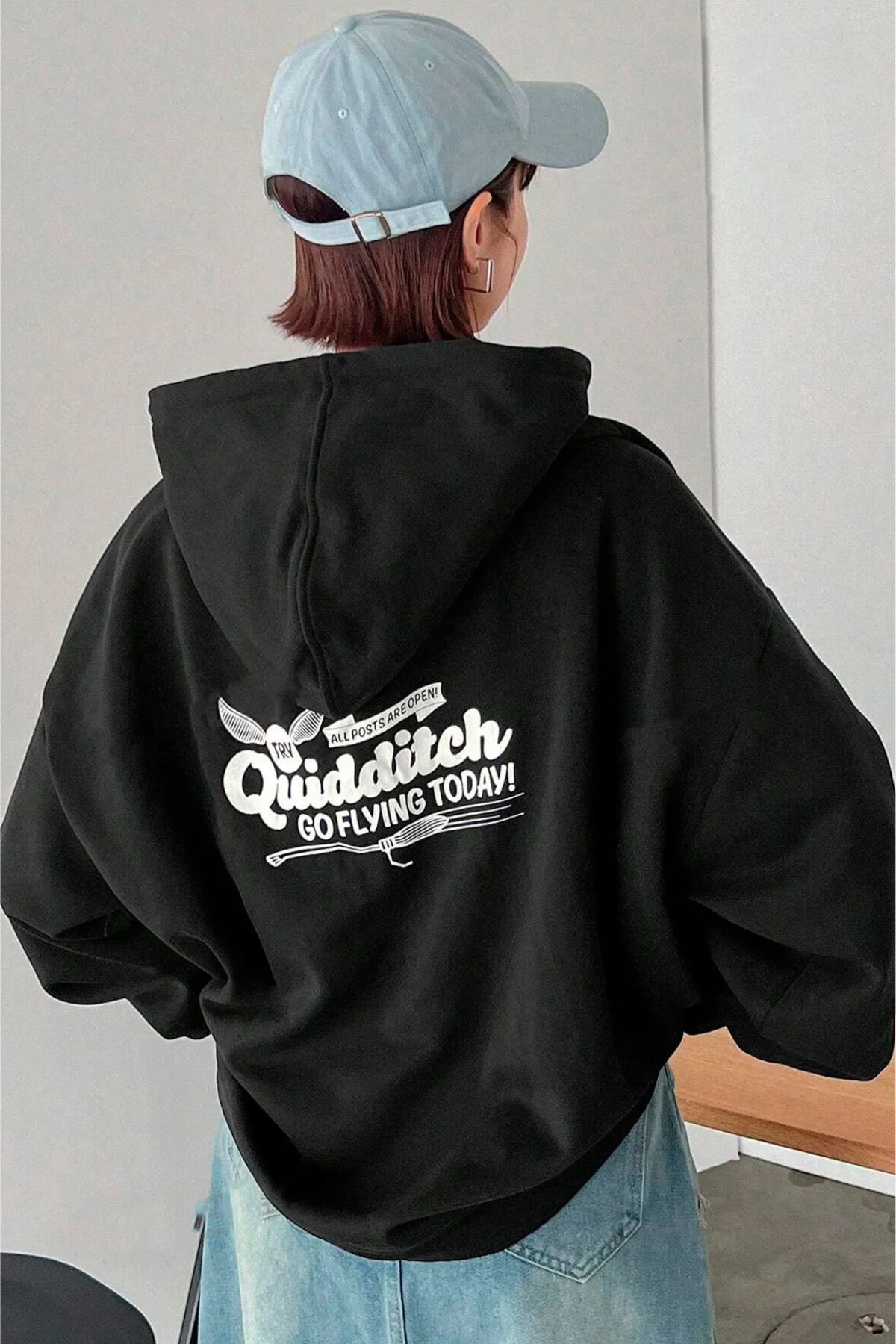 FECCY Pamuklu Quidditch Baskılı Oversize Kapüşonlu Siyah Kadın Sweatshirt