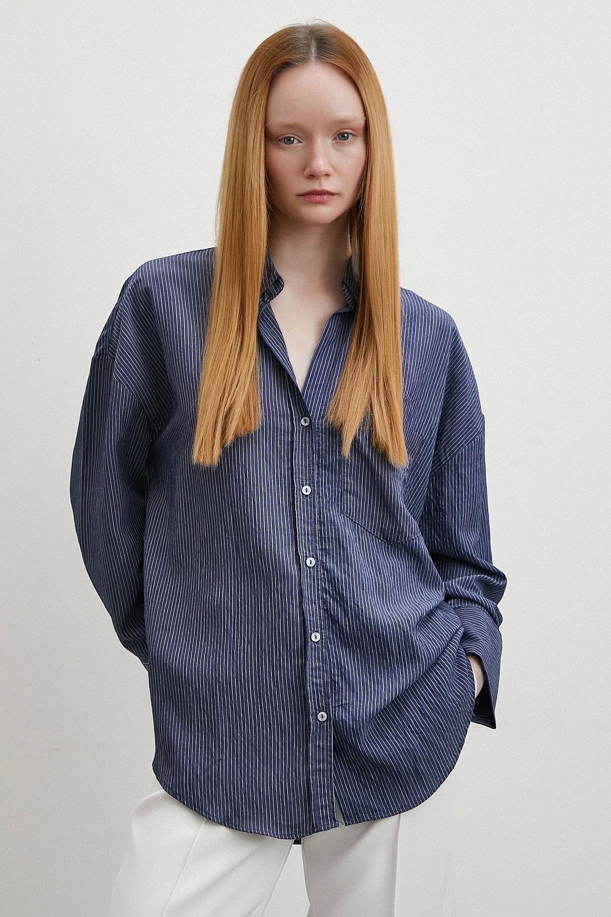 Never more  Cepli Çizgili Gömlek Lacivert - Görsel 6