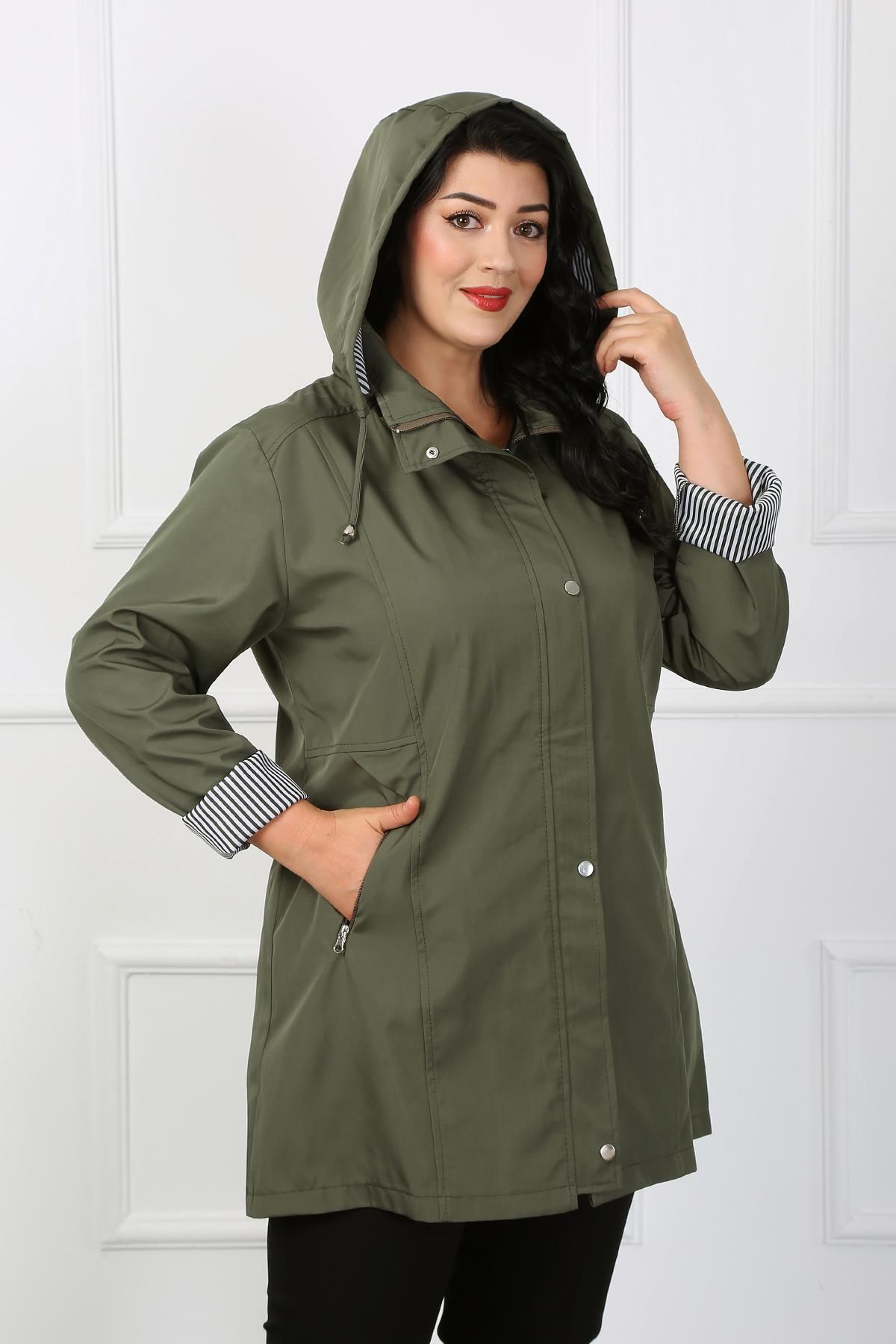 By Alba Collection-Women's Khaki Striped Plus Size Trench Coat 3