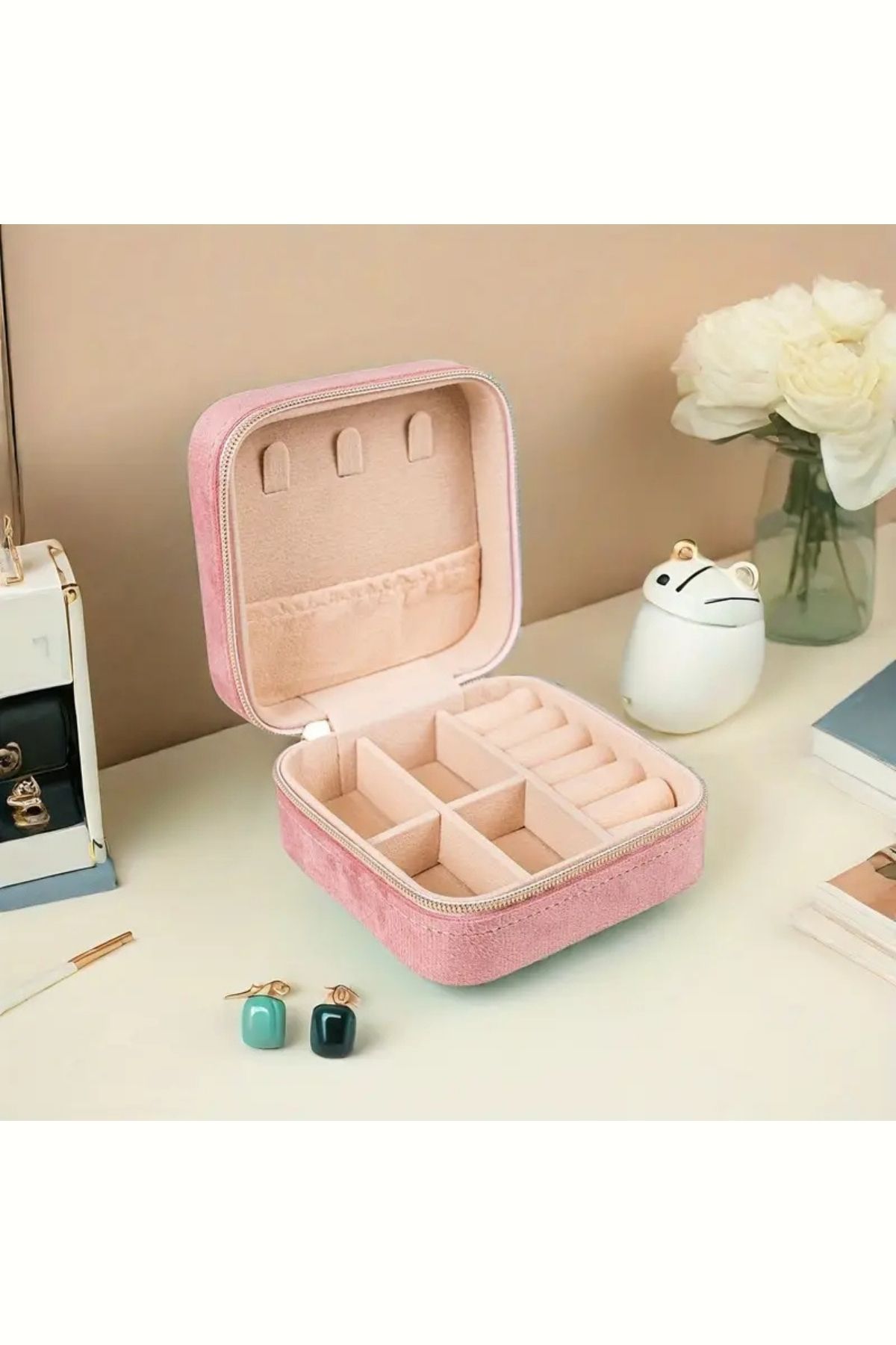 teknotrust Kadife Seyahat Takı Kutusu, Pembe Kare Tasarım, 10x10 cm, Şık Saklama Çözümü