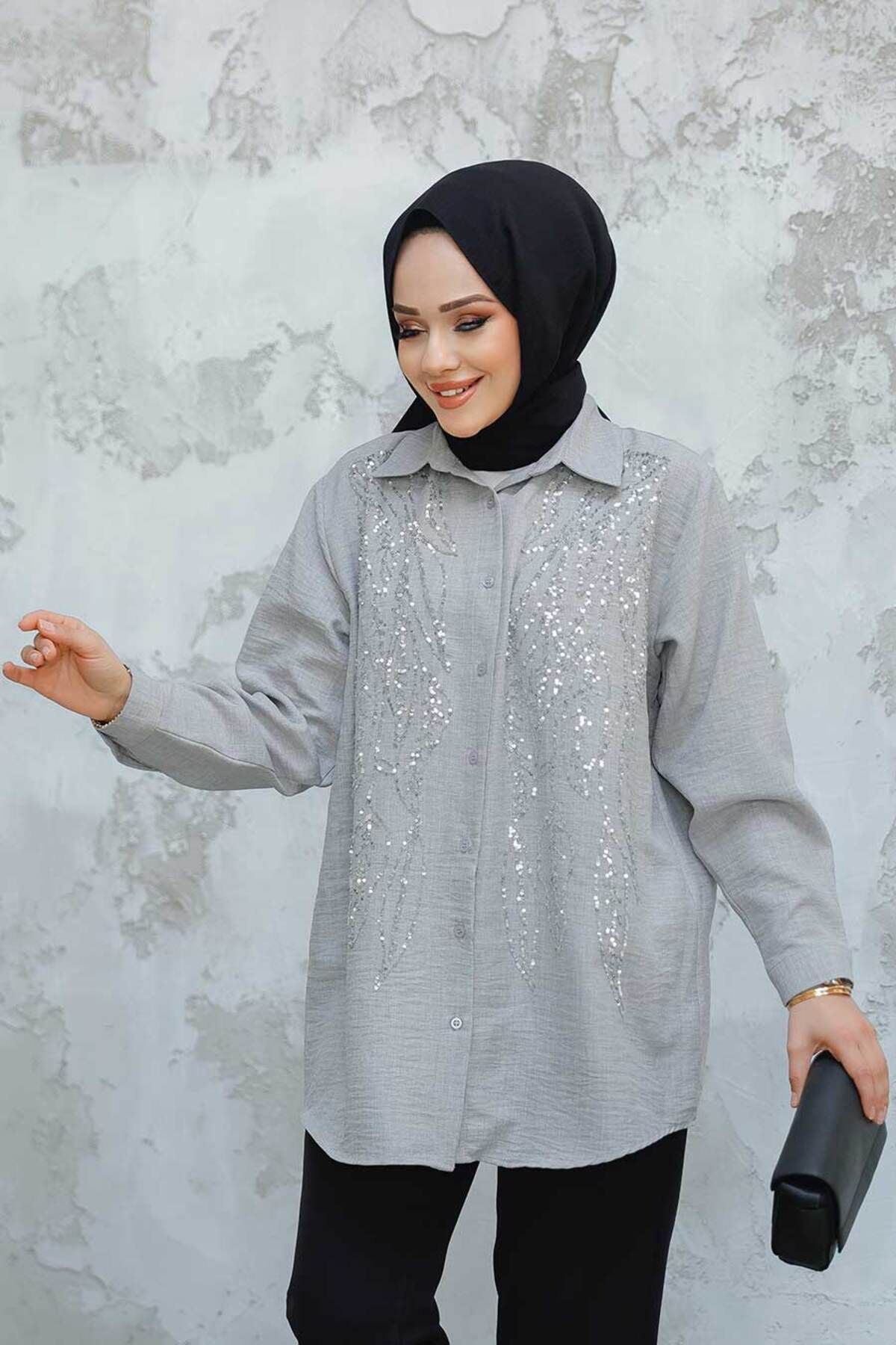 Neva Style-Bead Embroidered Gray Hijab Shirt 45280Gr 2