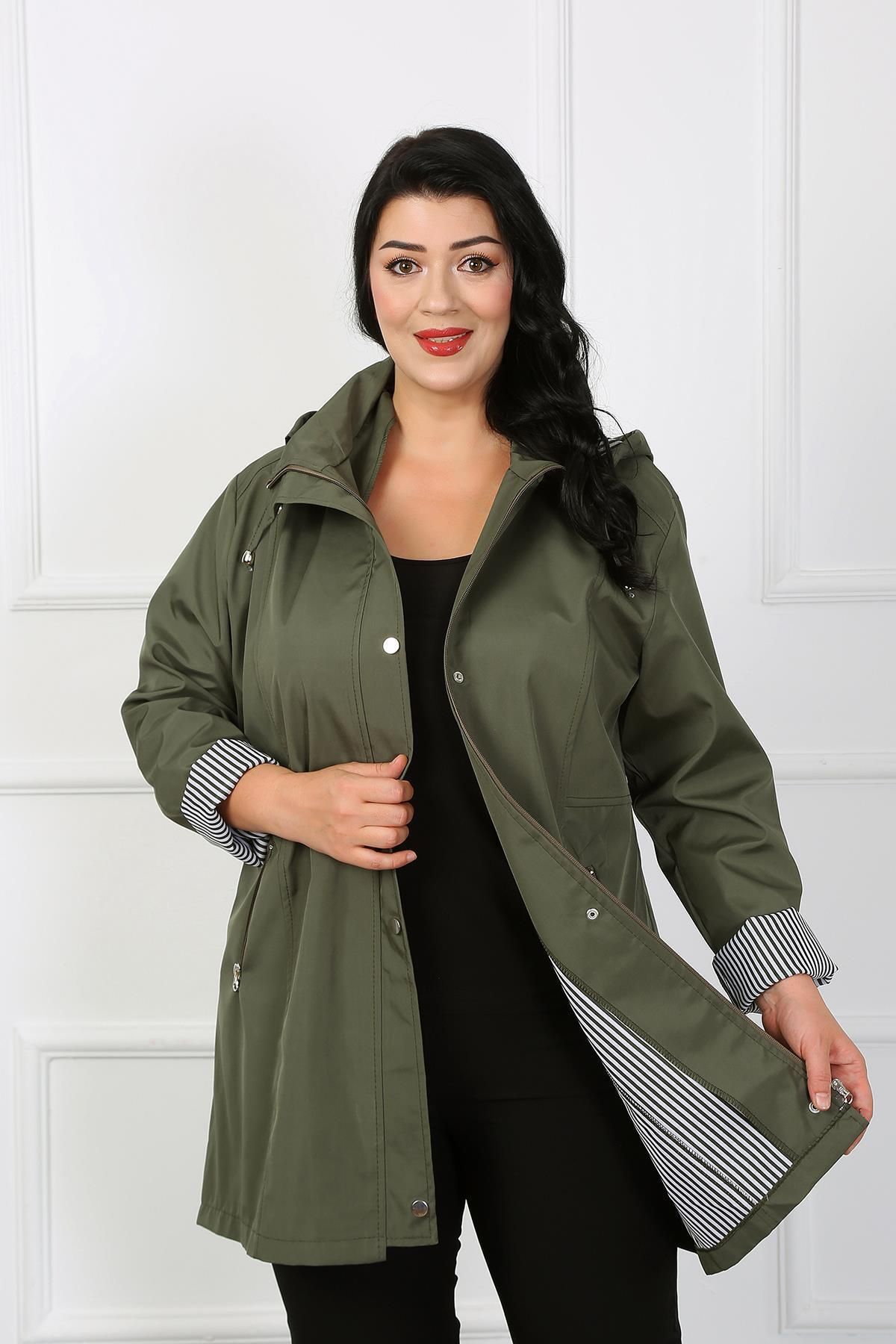 By Alba Collection-Women's Khaki Striped Plus Size Trench Coat 2