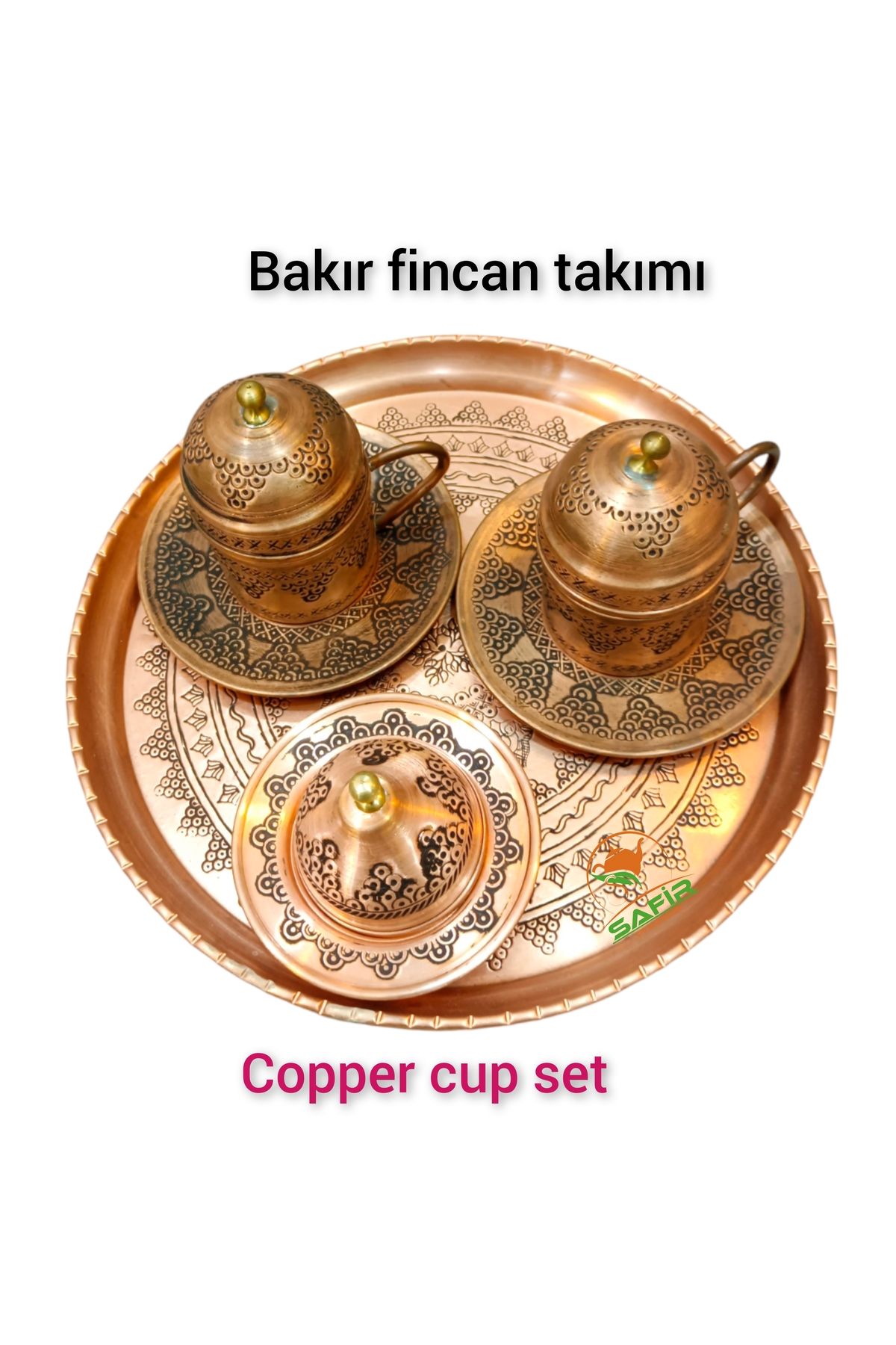 SAFİR ÇAY KAZANLARI Bakır Kahve Fincan Takımı Bakır Kahvelik 2 kişilik bakır kahve fincan takımı iğneli motif