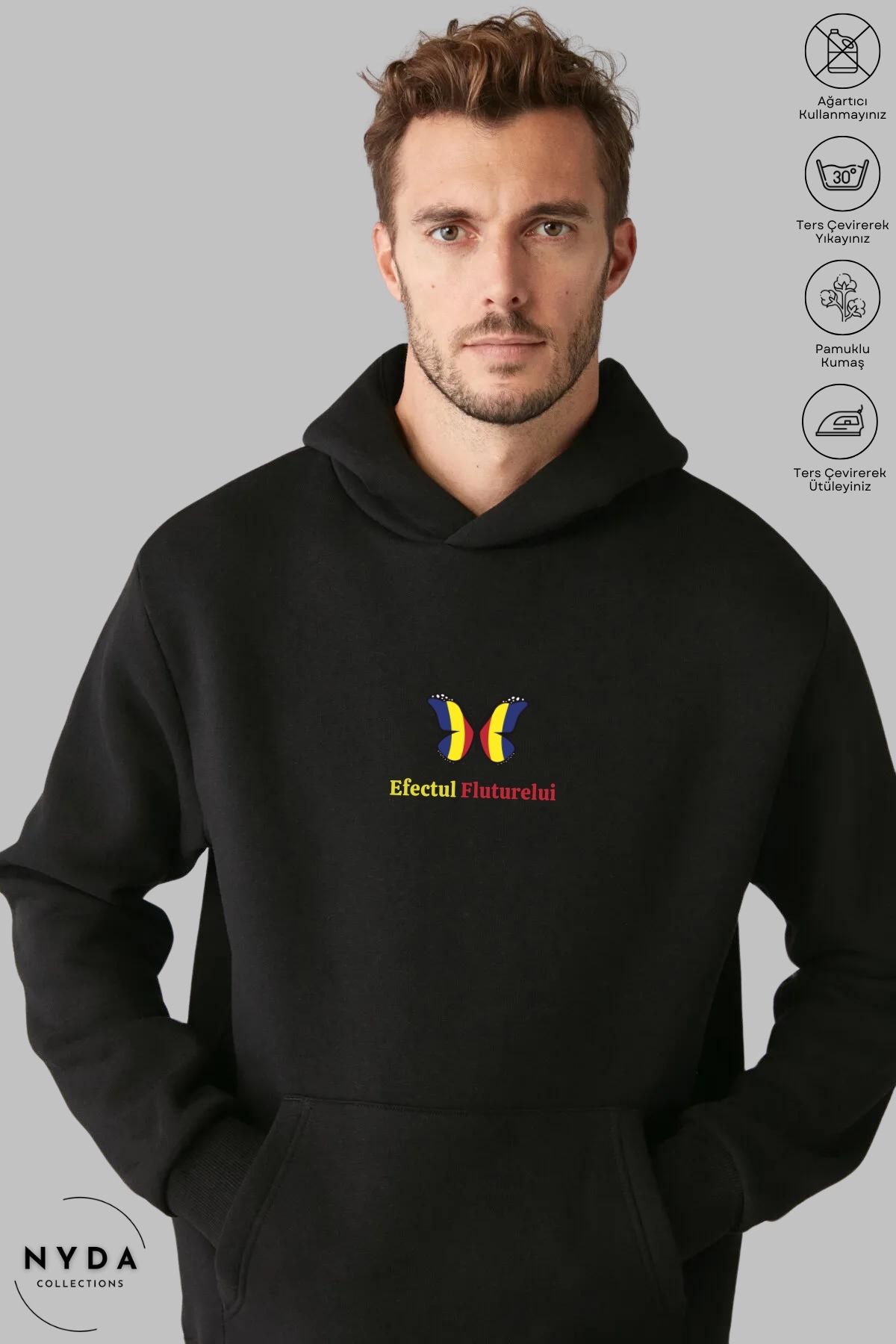 Nyda Collections Unisex Hoodie Romania Efectul Fluturelui Baskılı Kapüşonlu Şardonlu Oversize Pamuk Sweatshirt