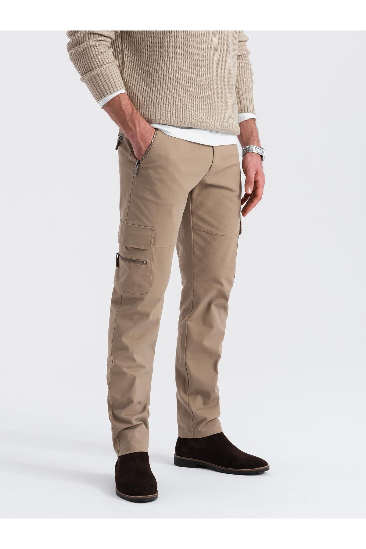 OMBRE-Pánské cargo kalhoty STRAIGHT LEG s kapsami na zip - khaki V3 OM-PACG-0204 XL 1