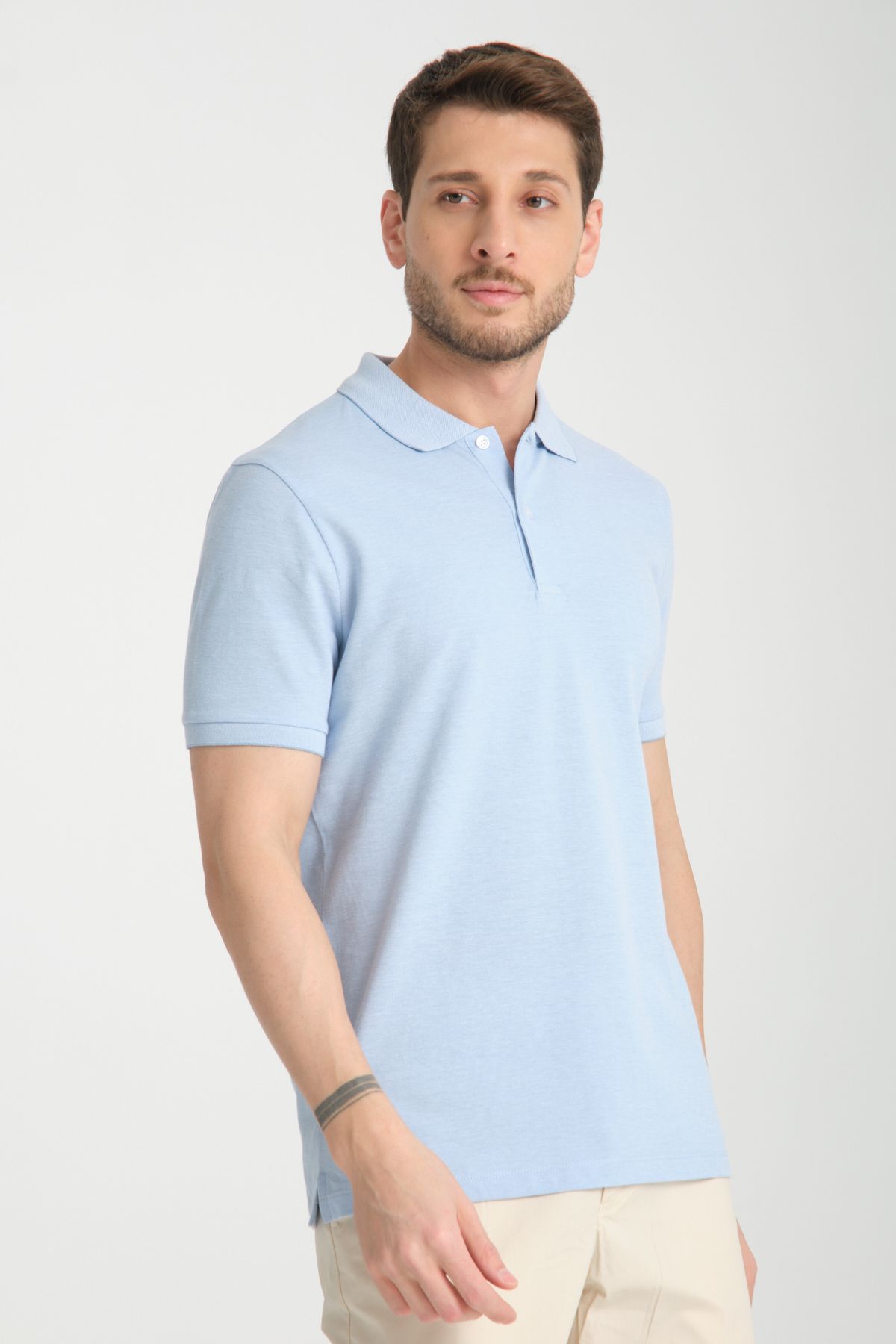 Frappoli Boggee Pedso Erkek Buz Mavi İtalyan Yaka Çekmez Likralı %100 Pamuklu Kumaş Slim Fit Polo Yaka Tişört