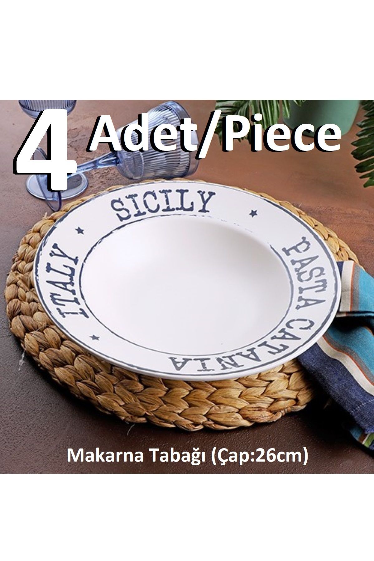 Pinkev 4 Adet Seramik Makarna Salata Tabağı - 26cm