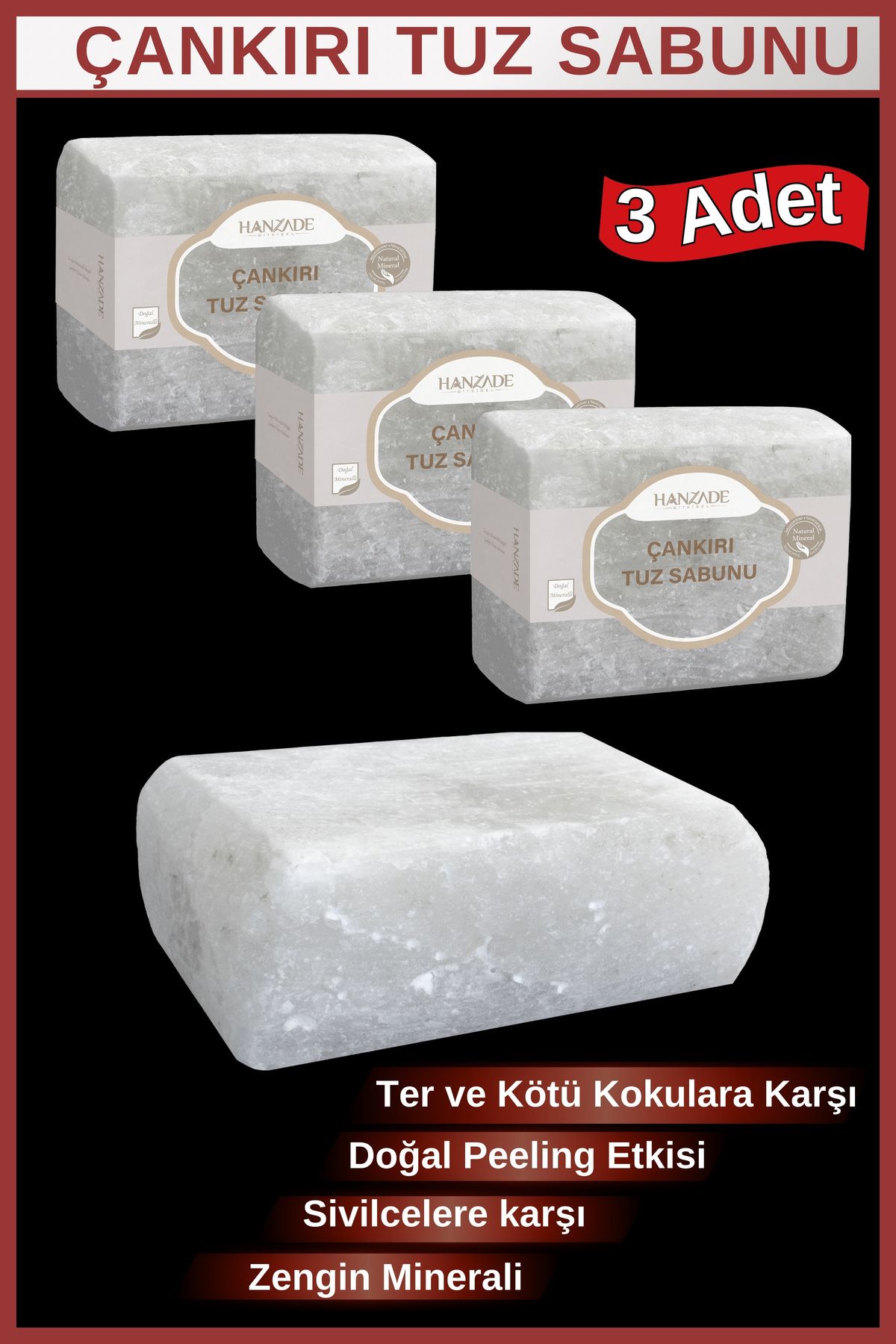 Hanzade Bitkisel Çankırı Tuz Sabunu 300-350 Gr x 3 Adet Zengin Mineralli Doğal Saf Çankırı Kaya Tuzu Sabunu