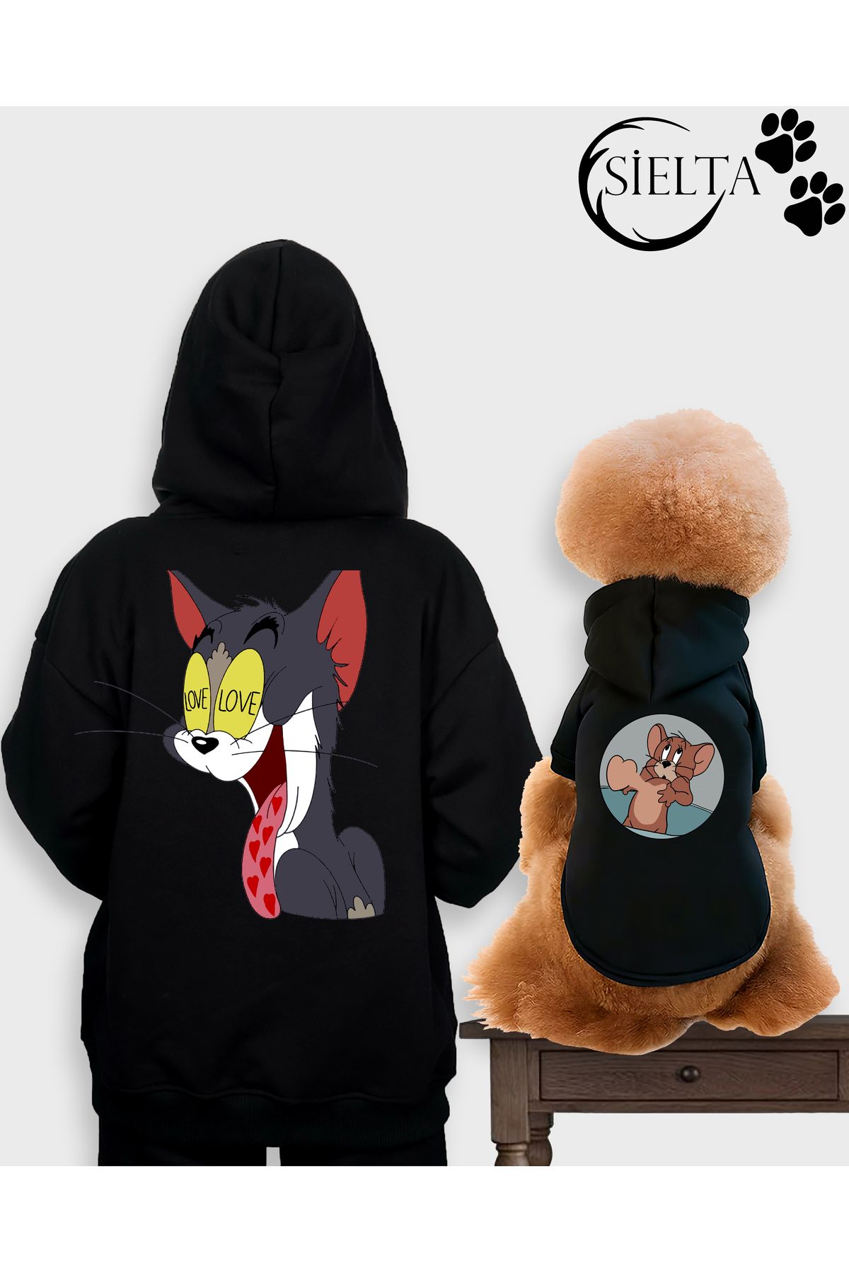 sielta Tom ve Jerry Kapşonlu Sweatshirt Kombin Köpek Ve Kedi Kıyafeti & Elbisesi